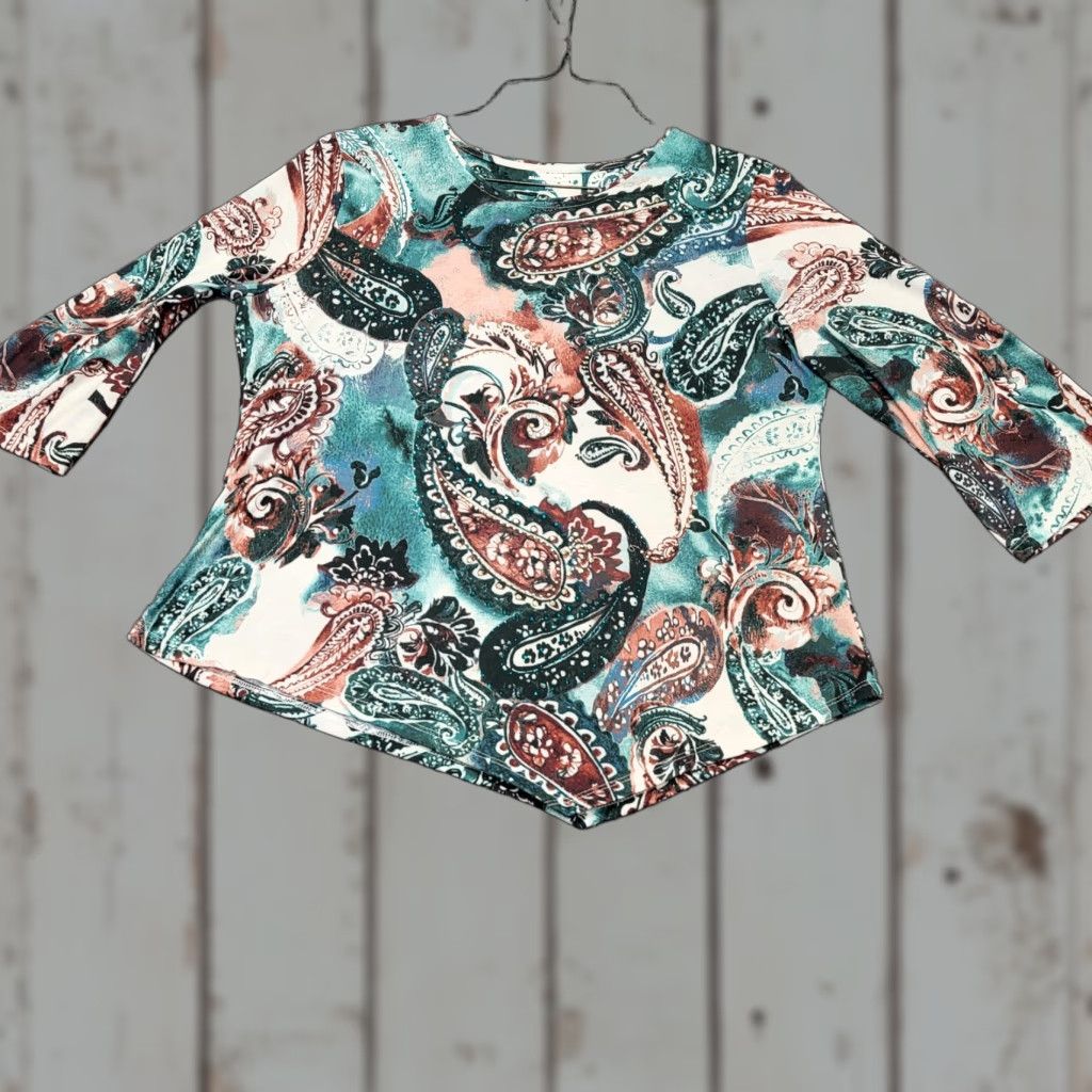 Vintage Allison Daley Blouse Petite PM Turquoise Pink Paisley Asymmetric Hem 3/4 Sleeve Size M / US 6-8 / IT 42-44 - 1 Thumbnail