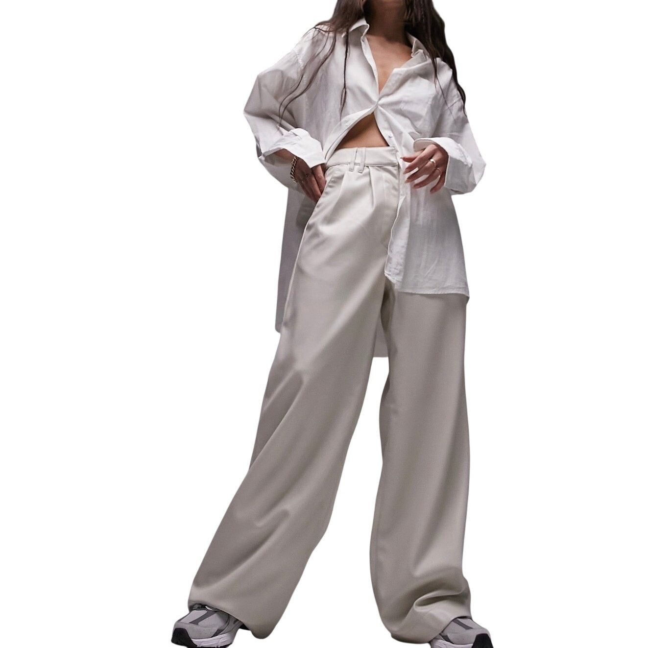 Topshop Topshop Faux Leather Super Wide Leg Tailored Pants Ecru 6 Size 28" / US 6 / IT 42 - 1 Thumbnail