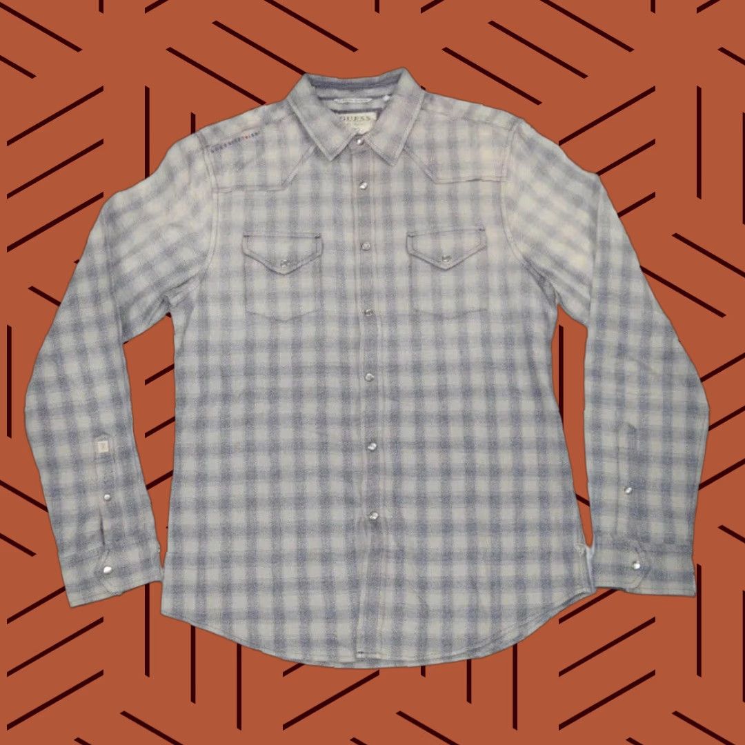 Guess GUESS JEANS Shirt Mens Medium Shadow Plaid Grey Cotton Flannel Snap Up Western 90s Size US 31 - 1 Thumbnail