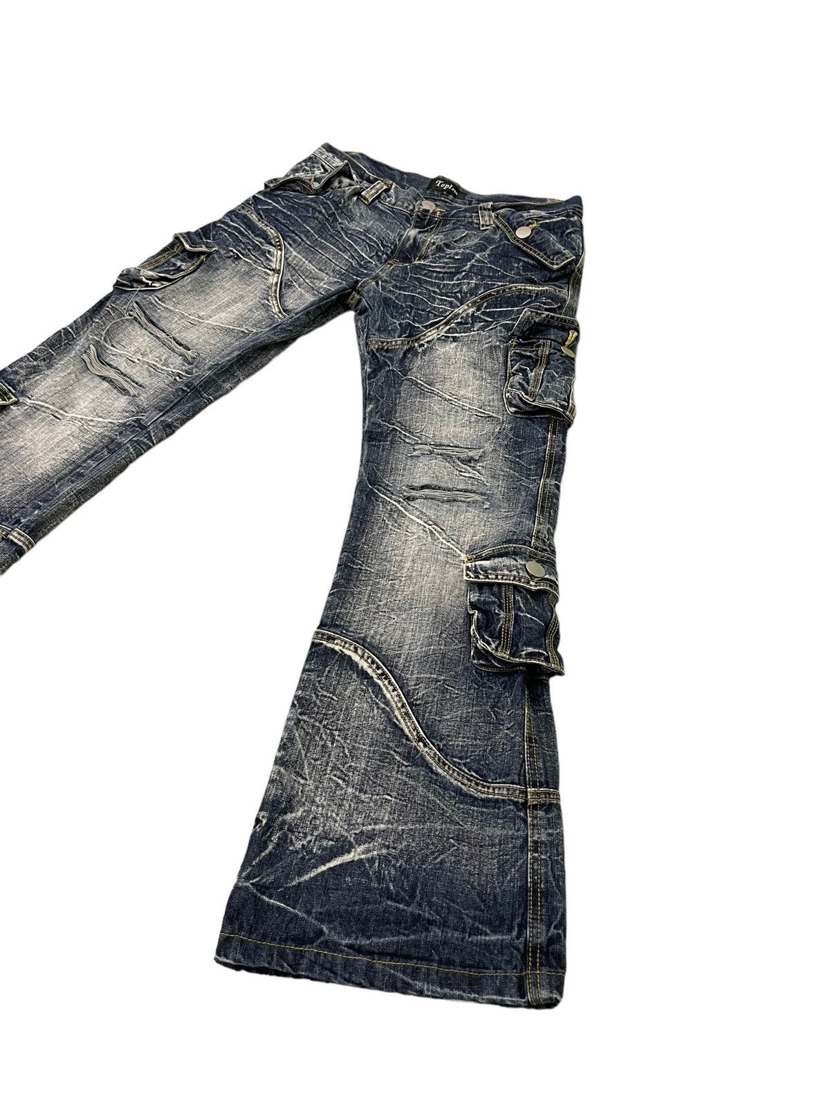 Japanese Brand Flare Jeans Cargo Topism Distress Acid Wash Boot Cut 7🟦4 Size US 33 - 3 Thumbnail