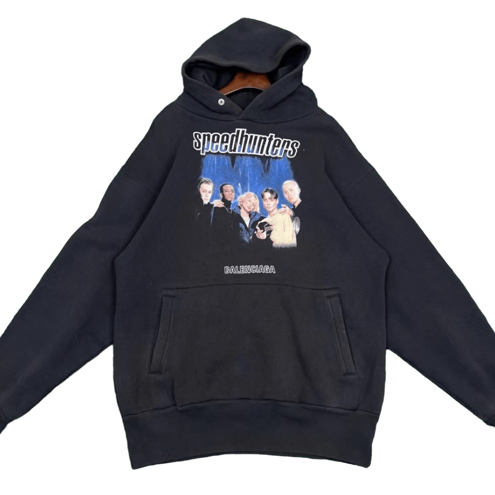 image of Balenciaga Speedhunters Blue Print Black Hoodie, Men's (Size XS)