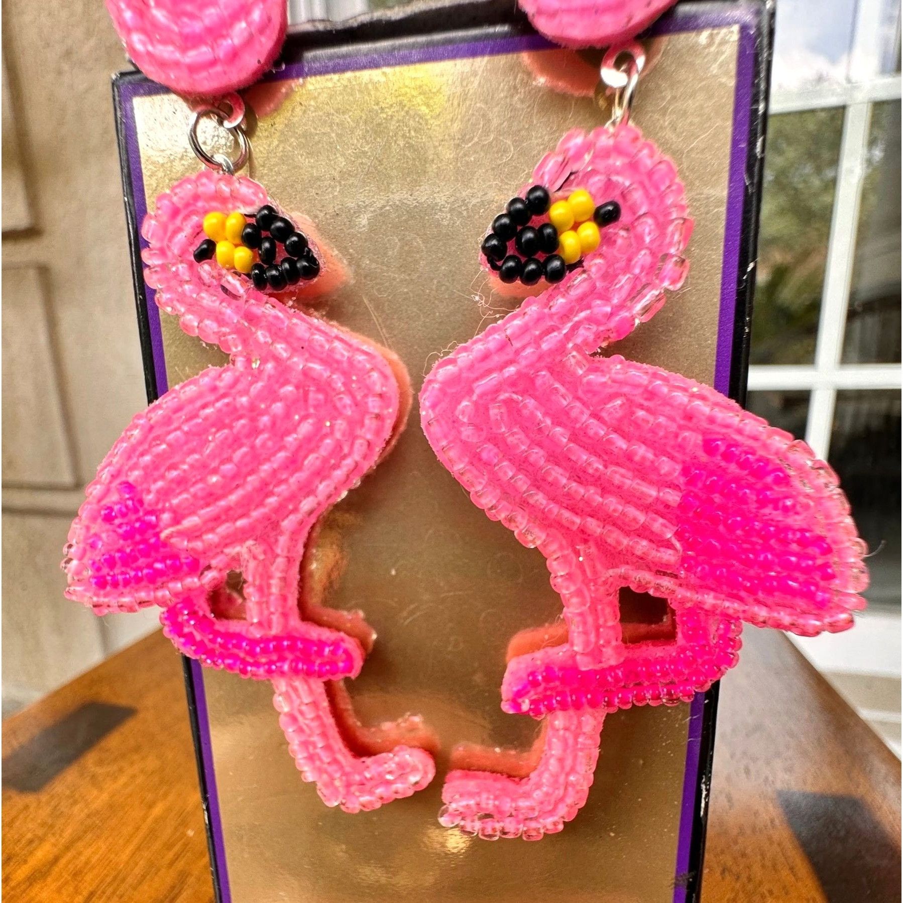 Handmade Flamingo Earrings Beaded Dangle Posts Pink Statement Jewelry Size ONE SIZE - 7 Thumbnail
