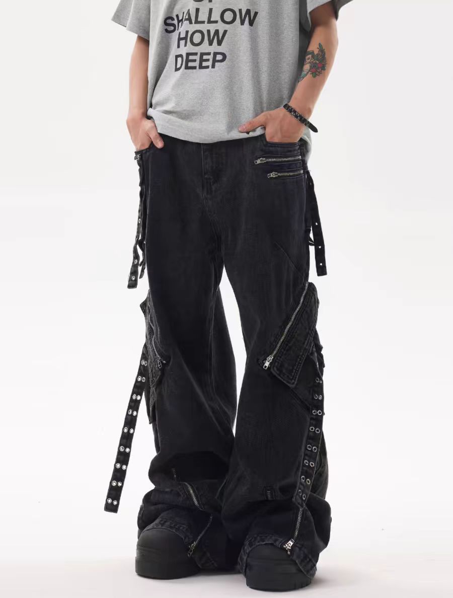 Japanese Brand × Jean High Street Black Heavyweight Strappy Design Baggy Jeans Size US 30 / EU 46 - 1 Thumbnail