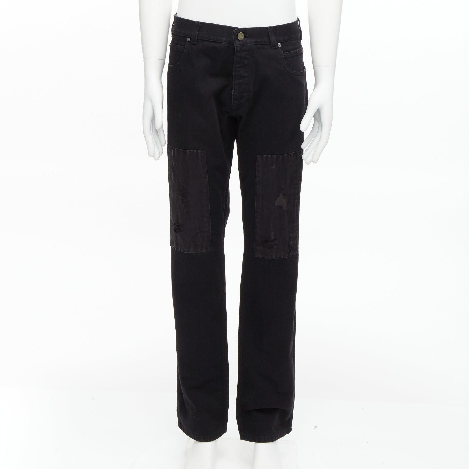 Calvin Klein CALVIN KLEIN 205W39NYC Raf Simons black distressed satin patch washed jeans 31" Size US 30 / EU 46 - 1 Thumbnail