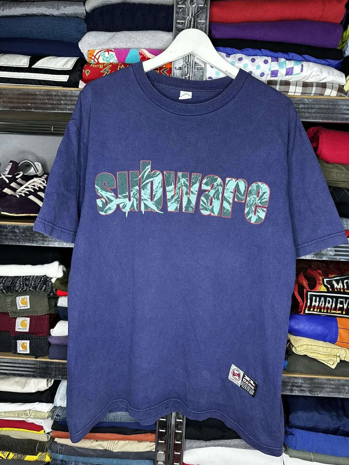 image of 90's Subware Vintage Cannabis Bog Logo Weed T-Shirt in Navy, Men's (Size XL)