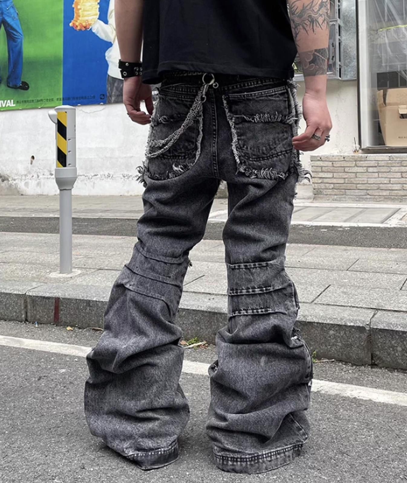 Japanese Brand Gray Distressed Flared Denim Jeans, Wide Leg Jeans Size US 30 / EU 46 - 6 Thumbnail