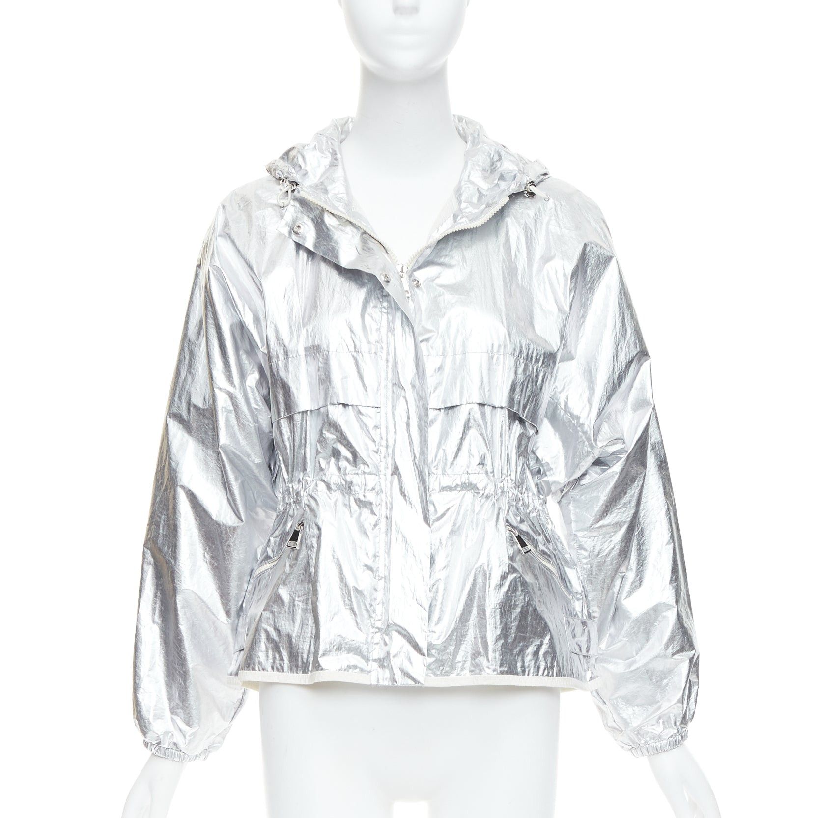 Moncler MONCLER silver coated cotton ruched waist hooded windbreaker Sz2 Size M / US 6-8 / IT 42-44 - 1 Thumbnail