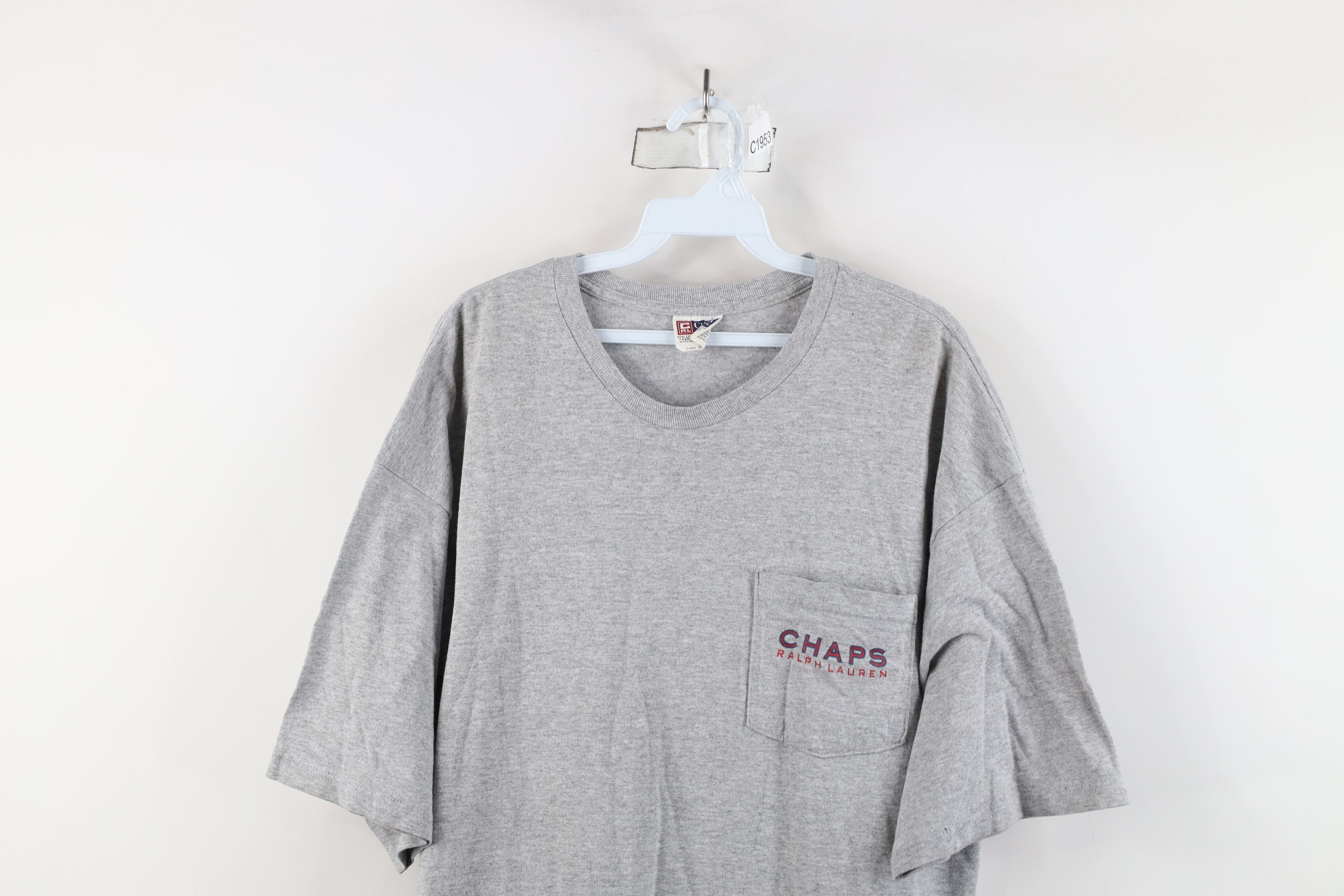Ralph Lauren × Vintage Vintage 90s Chaps Ralph Lauren USA Flag Pocket T-Shirt Gray Size US XL / EU 56 / 4 - 2 Thumbnail