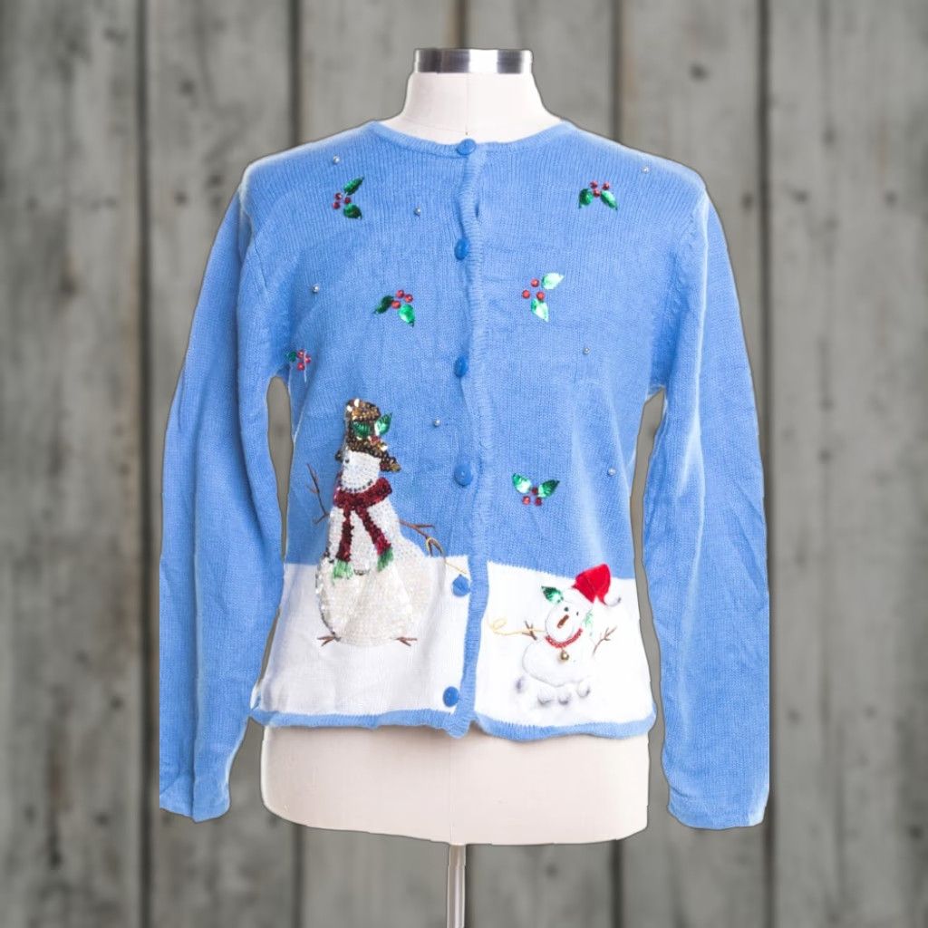 Vintage VINTAGE Crystal Kobe Blue Ugly Christmas Cardigan Cardigan M Blue 46764 Mens Womens 40” 23” Ramie Cotton Christmas Flair Snowmen Size M / US 6-8 / IT 42-44 - 1 Preview