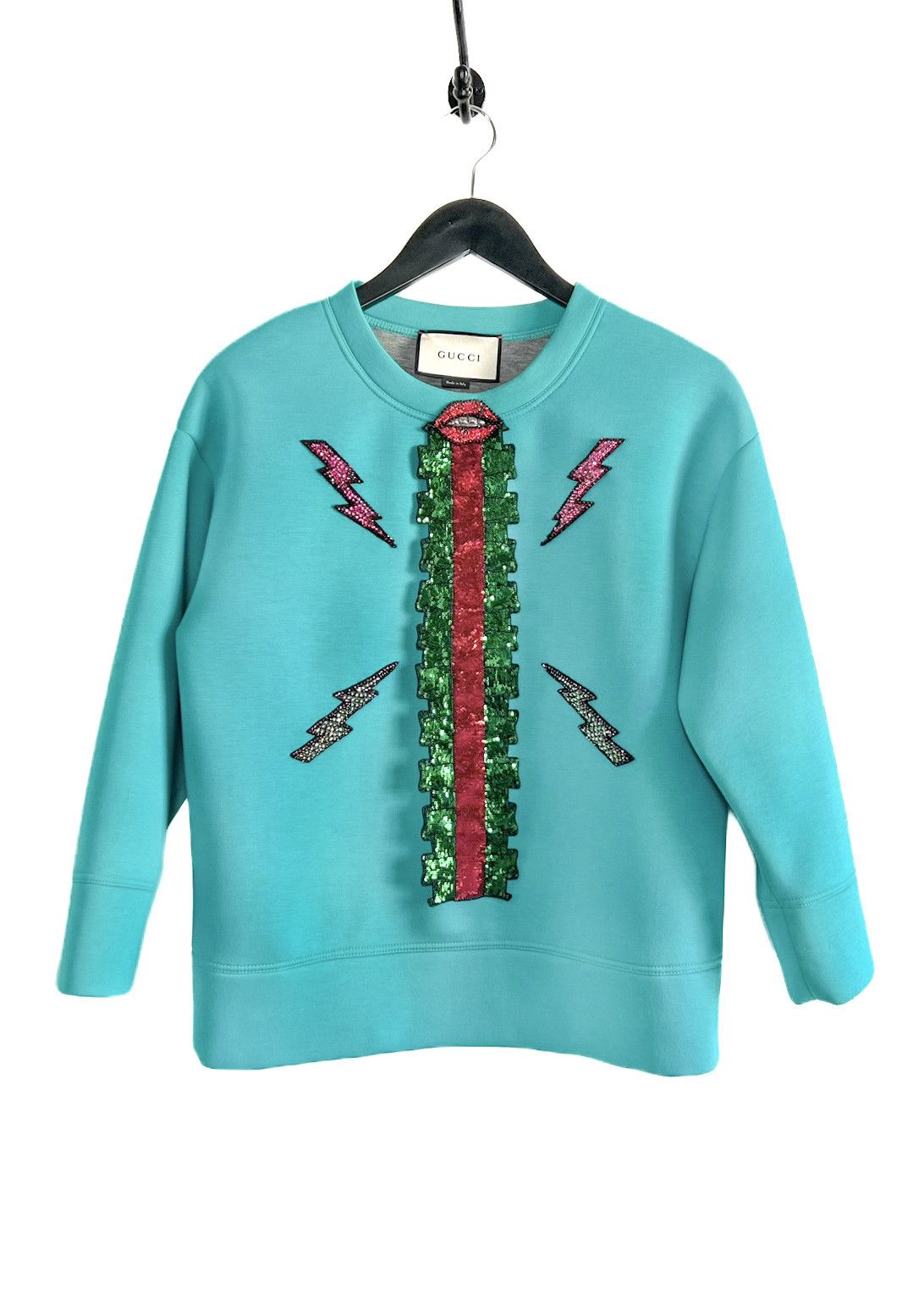 Gucci Gucci Teal Neoprene Embellished Lighting Bolt Web Sweatshirt Size XS / US 0-2 / IT 36-38 - 1 Thumbnail