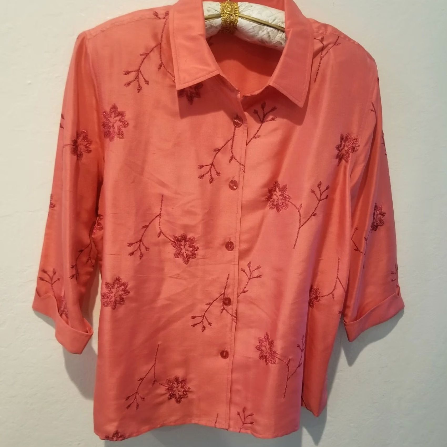 Vintage Draper's & Damon's Button Up Floral Embroidered Silk Shirt 3/4 Sleeve Size 20 Pink Women's Vintage-Not - (remove) Size 3XL / US 20-22 - 2 Thumbnail