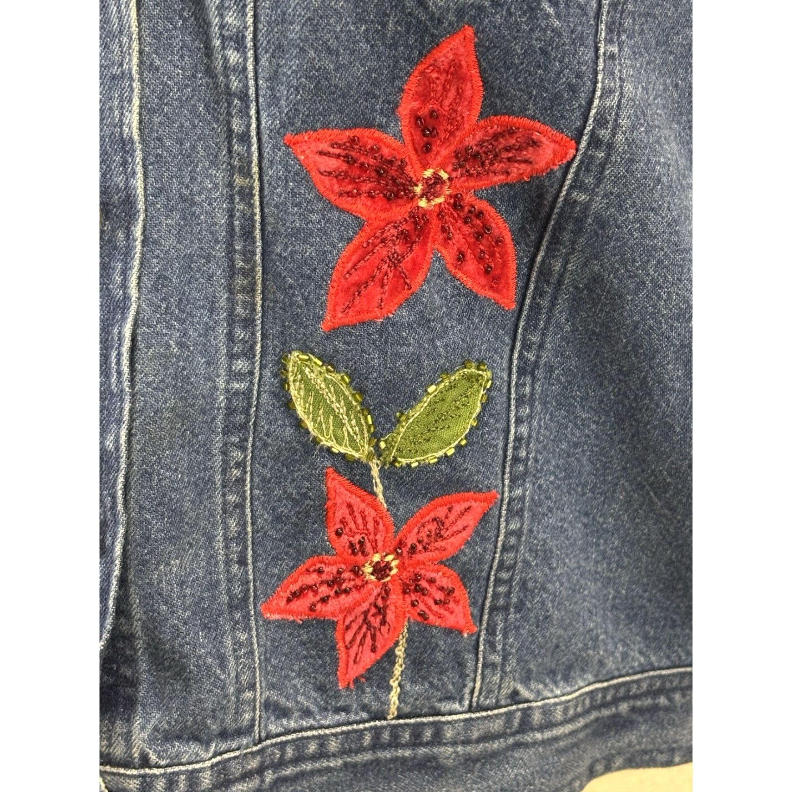 Denime VINTAGE Tantrums Denim Jean Jacket Womens Petite Large Poinsettia Xmas Blue Beaded Embroidered LP Size PL/Petites Mens? Womens Size 36" / US 14 / IT 50 - 7 Thumbnail