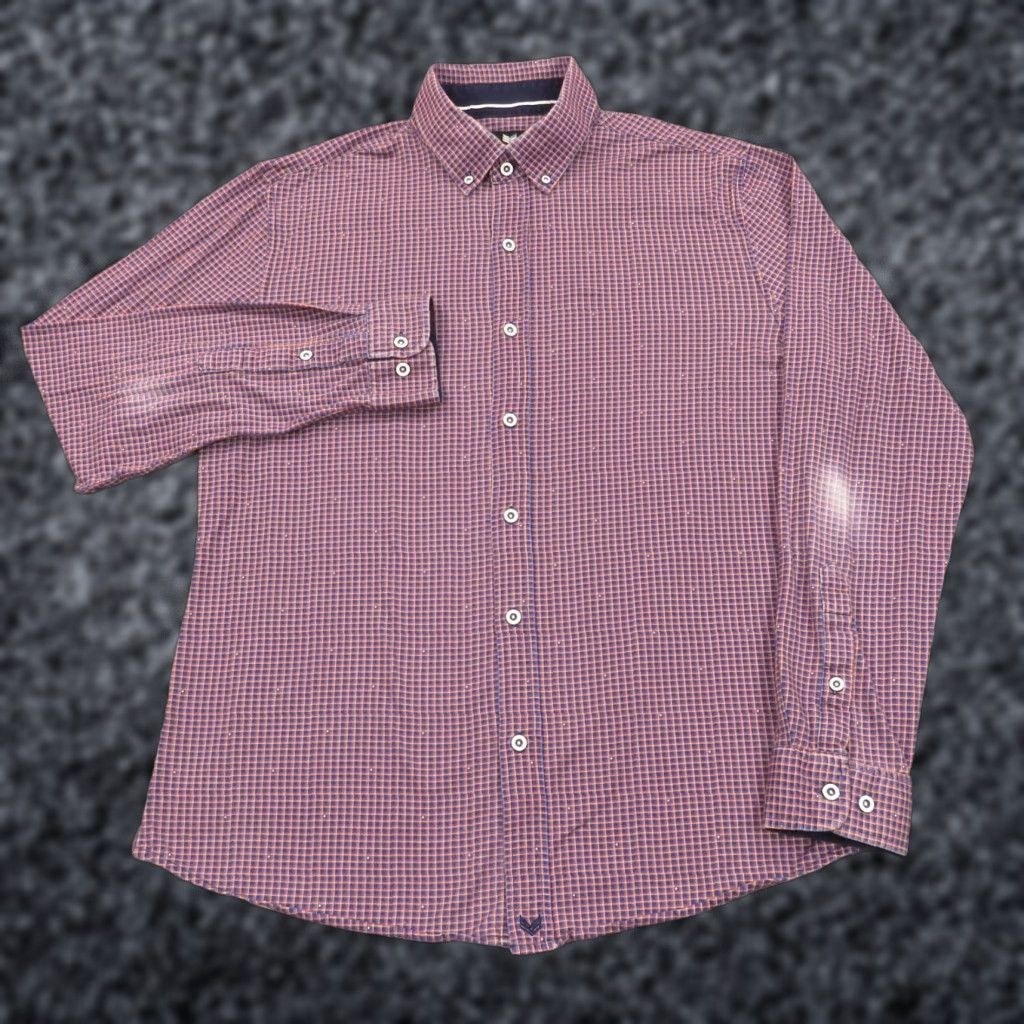 Buttero Butter Cloth Shirt Men Large Regular Fit Blue Orange Plaid Gingham Check Stretch - Button-Up Shirt, Casual, Formal, Workwear, 90s? Size US L / EU 52-54 / 3 - 1 Thumbnail