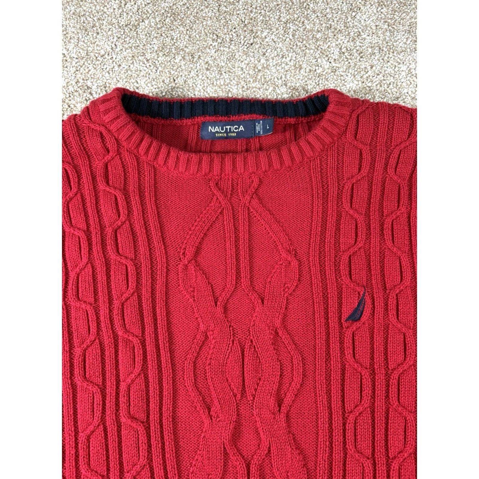 Nautica Nautica Men’s Large Red 100% Cotton Ribbed Cable-Knit Crew Neck Pullover Sweater Size US L / EU 52-54 / 3 - 2 Thumbnail