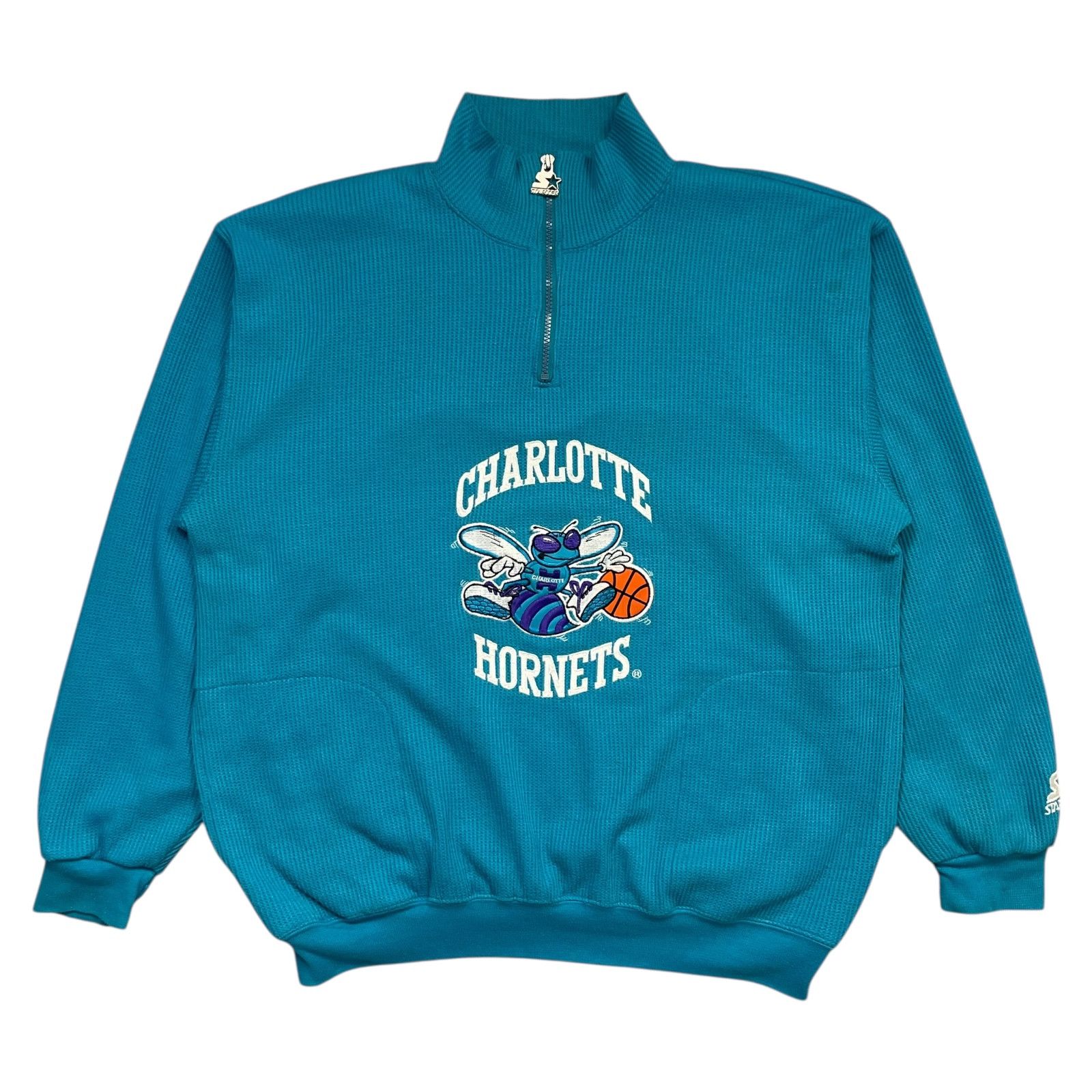 NBA × Starter × Vintage 90s CHARLOTTE HORNETS HALF ZIP WAFFLE SWEATSHIRT TEAL Size US L / EU 52-54 / 3 - 1 Thumbnail