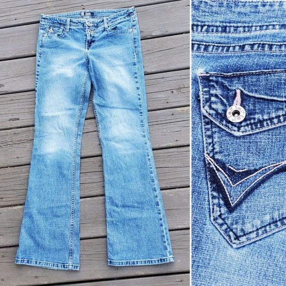 Vintage Vintage 90s y2k LEI Blue Denim Low Rise Hip Huggers Flare Bo Size 30" / US 8 / IT 44 - 1 Thumbnail