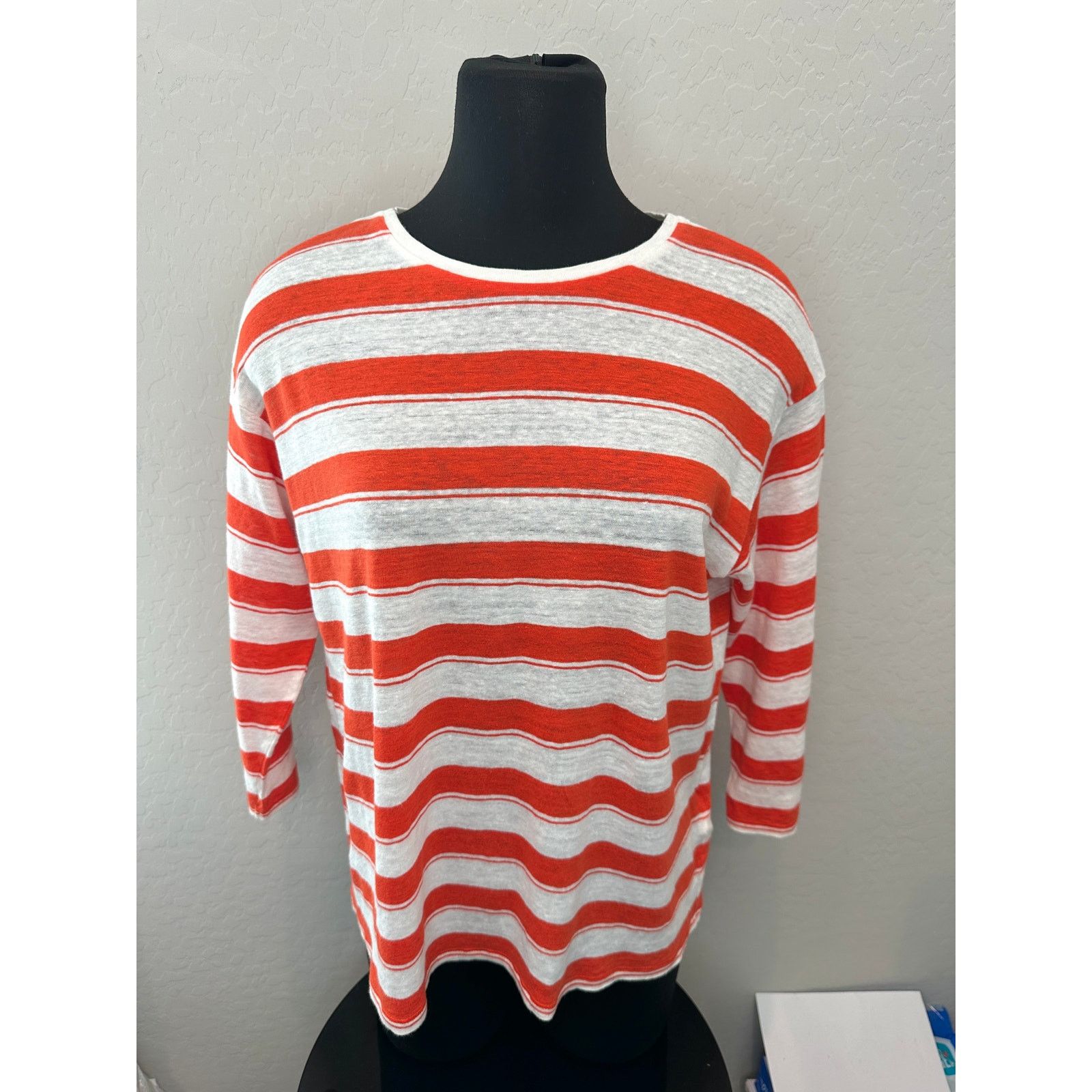 LK Bennett L.K.BENNETT | Orange White Striped Linen 3/4 Sleeve Top Size L / US 10 / IT 46 - 2 Thumbnail