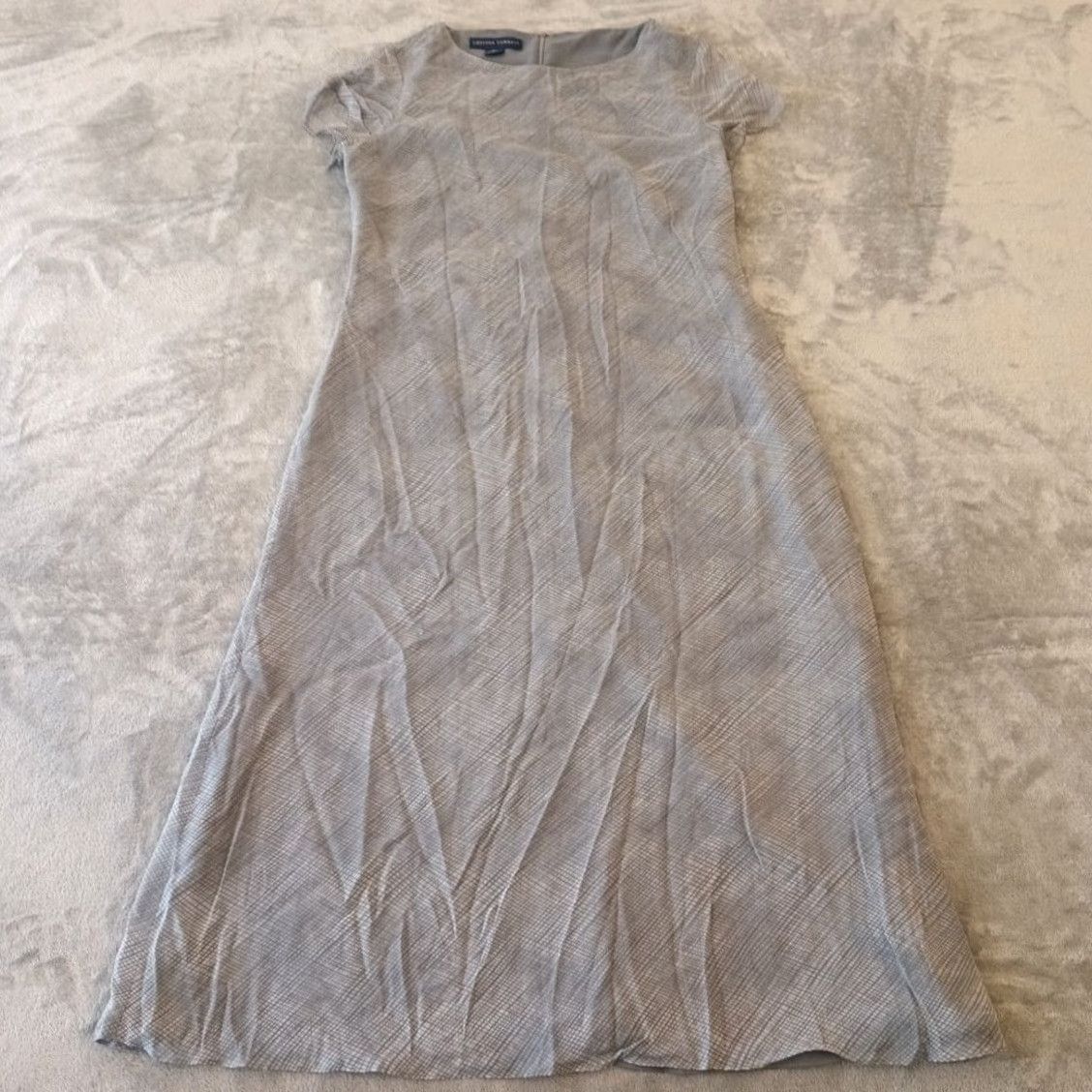 Vintage Chelsea Cambell Maxi Dress Long Gray Silk Lined 12 Geometric Short Sleeve Round Neck Zip Women Size 34" / US 12 / IT 48 - 2 Thumbnail