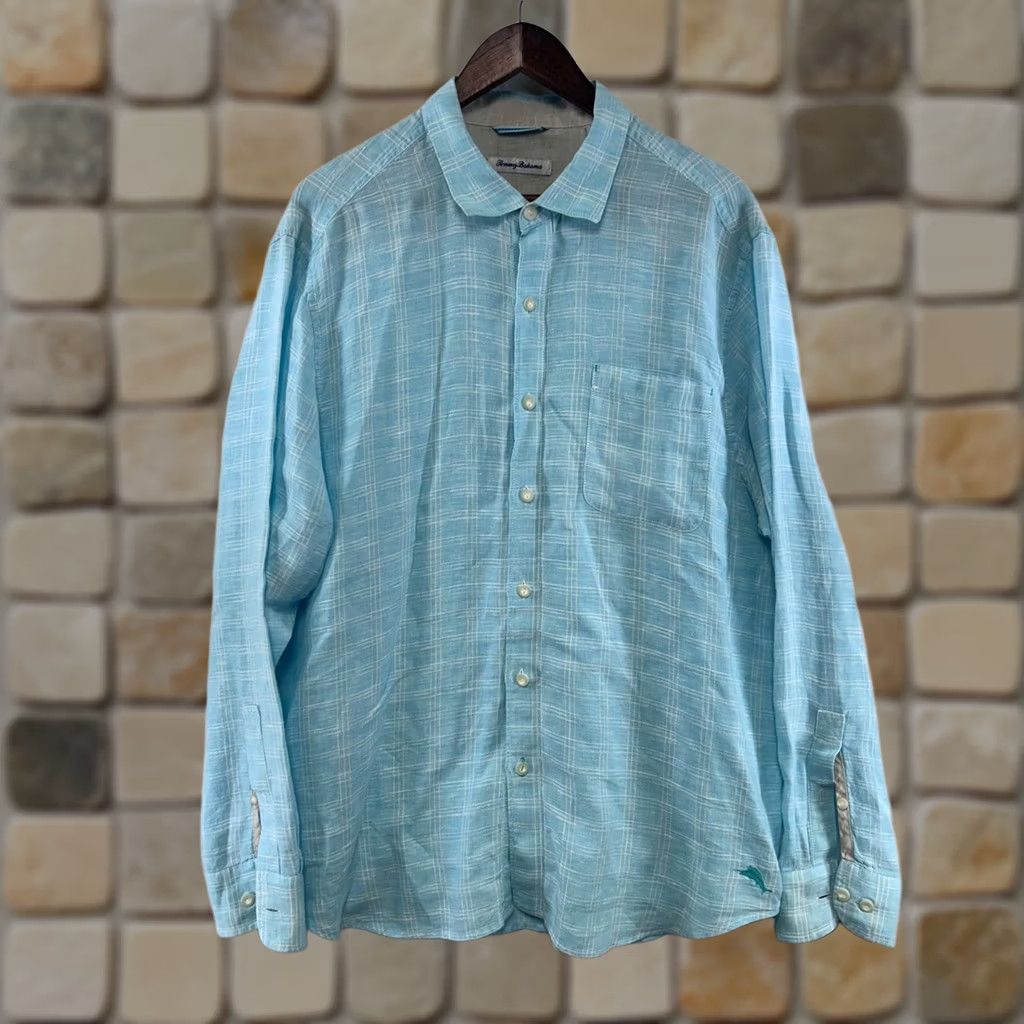 Tommy Bahama Tommy Bahama Shirt Mens XL Light Blue Linen Button Front Windowpane Check Size US XL / EU 56 / 4 - 1 Thumbnail