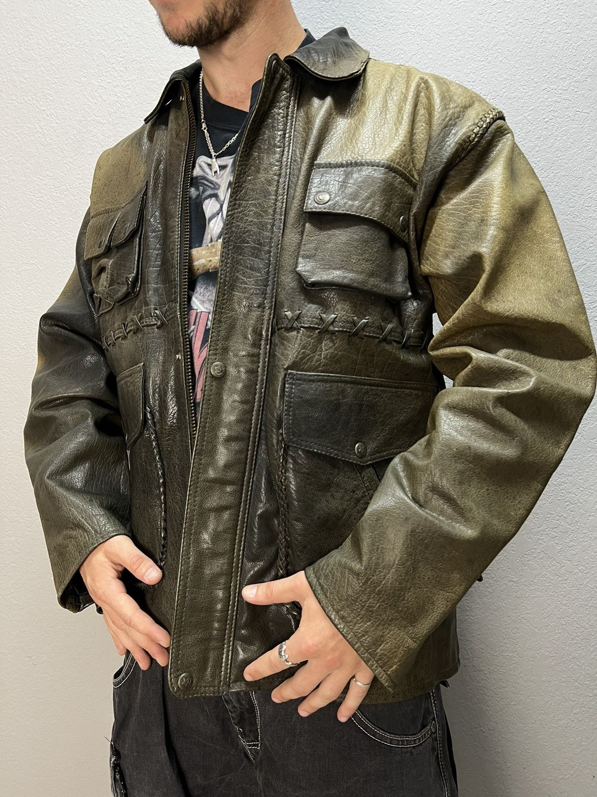 image of Avant Garde x Schott Leather Cropped Distressed Faded Jacket Avant-Garage in Black (Size Large)