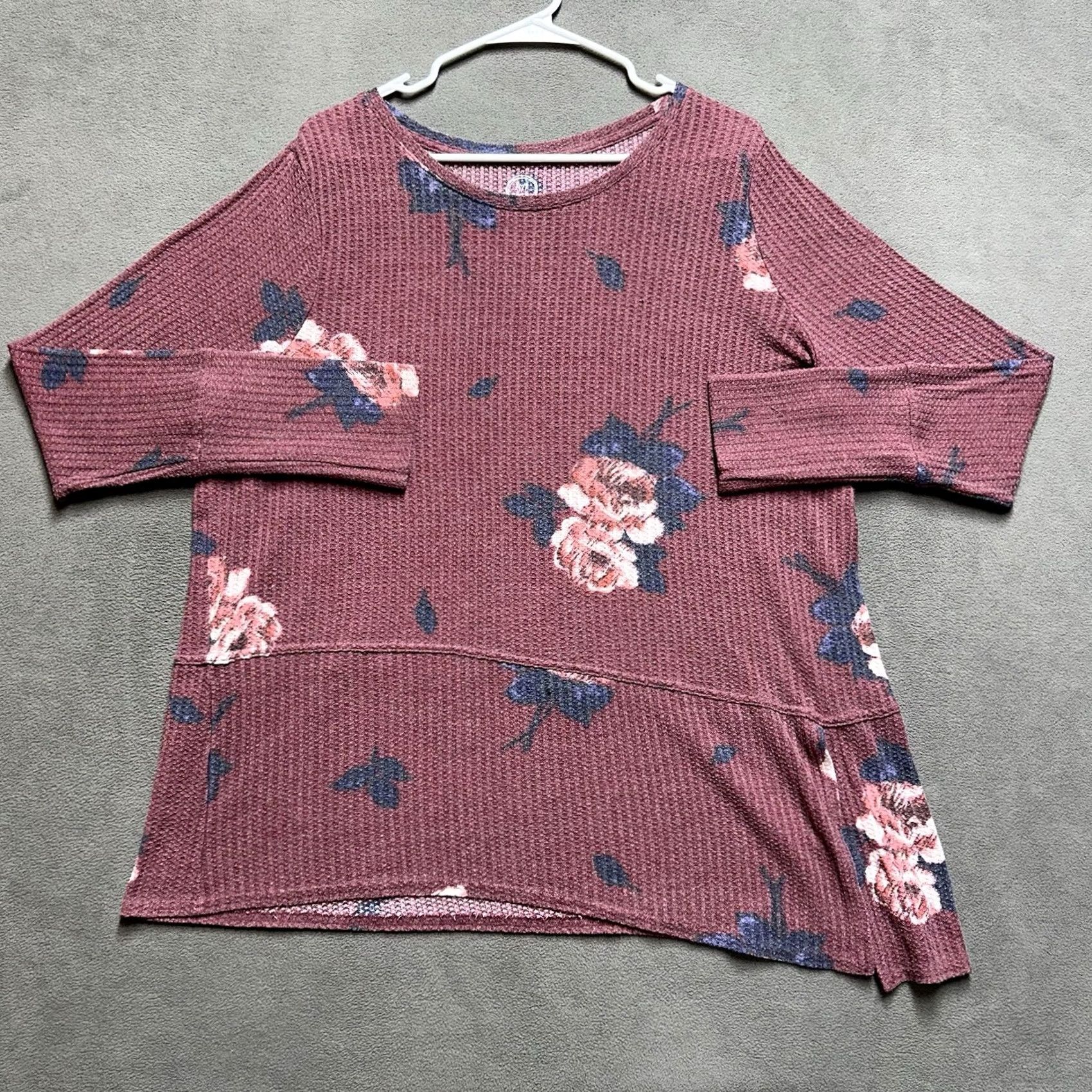 Vintage Maurices T-Shirt Womens 2XL Mauve Floral Print Waffle Knit Thermal Casual Side Slit Long Sleeve Round Neck Pullover Fall Winter Spring Size XXL / US 16-18 / IT 52-54 - 2 Thumbnail