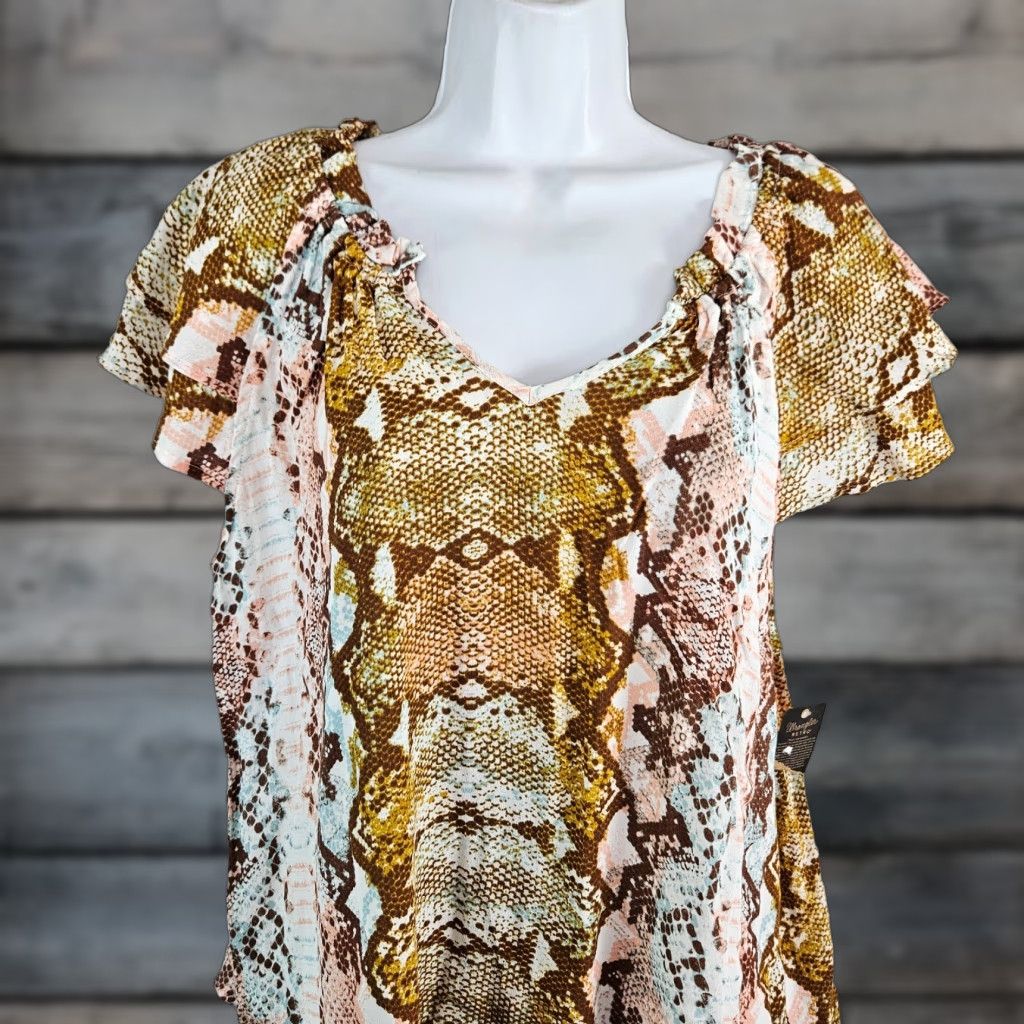 Wrangler Wrangler Retro Womens Top XL Pink Brown Snakeskin Print Short Sleeve Blouse Pullover Multicolor Regular Ladies Size L / US 10 / IT 46 - 1 Thumbnail