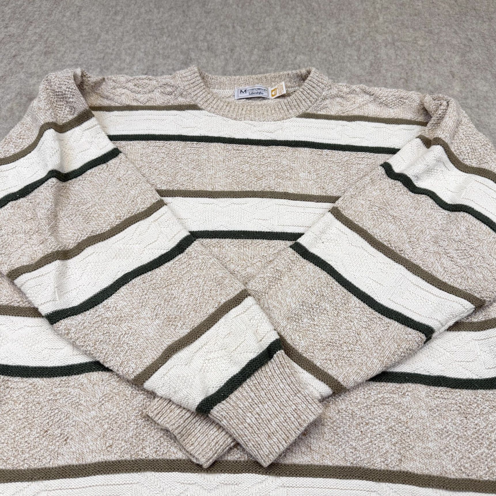 Vintage VINTAGE Munsingwear Sweater Mens Large Beige Striped Cotton Knit Made USA 90s Size US L / EU 52-54 / 3 - 3 Thumbnail
