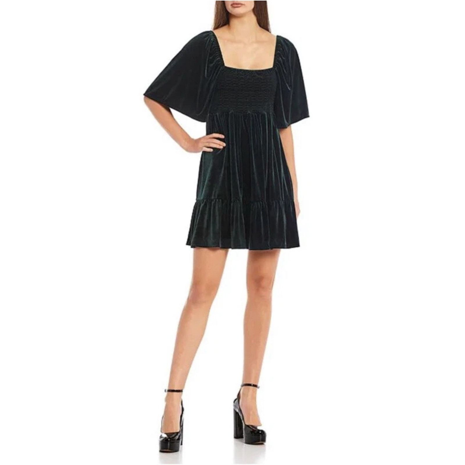 Other Chelsea & Violet Dress XL Green Velvet Puff Sleeve Smocked Size XL / US 12-14 / IT 48-50 - 1 Thumbnail