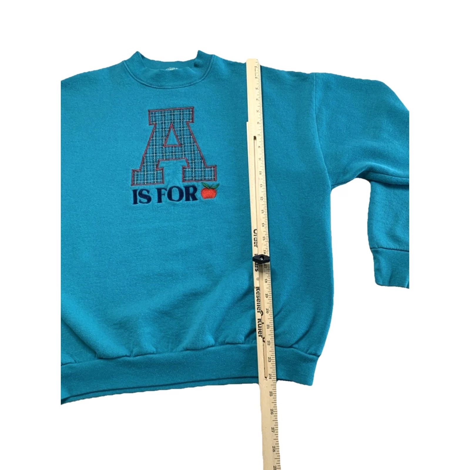 Fruit Of The Loom VINTAGE A is For embroidered Letter A Sweatshirt USA Fruit Of The Loom XL Teal Unisex Adults Crew Neck Long Sleeve Pullover 90s School Cotton Blend Size US XL / EU 56 / 4 - 5 Thumbnail
