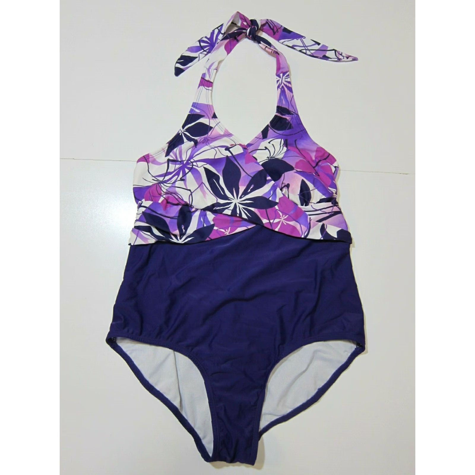 Catalina VINTAGE Catalina Purple White Hawaiian Floral Halter One Piece Swimsuit Women Size 1X/16 Size ONE SIZE - 6 Thumbnail