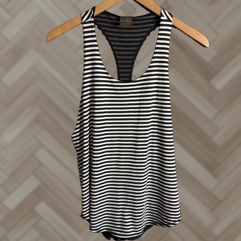 CALIA Women's Tank Top Black White Striped Tankini Racerback Built-In Bra Removable Pads Small S Navy? Wait