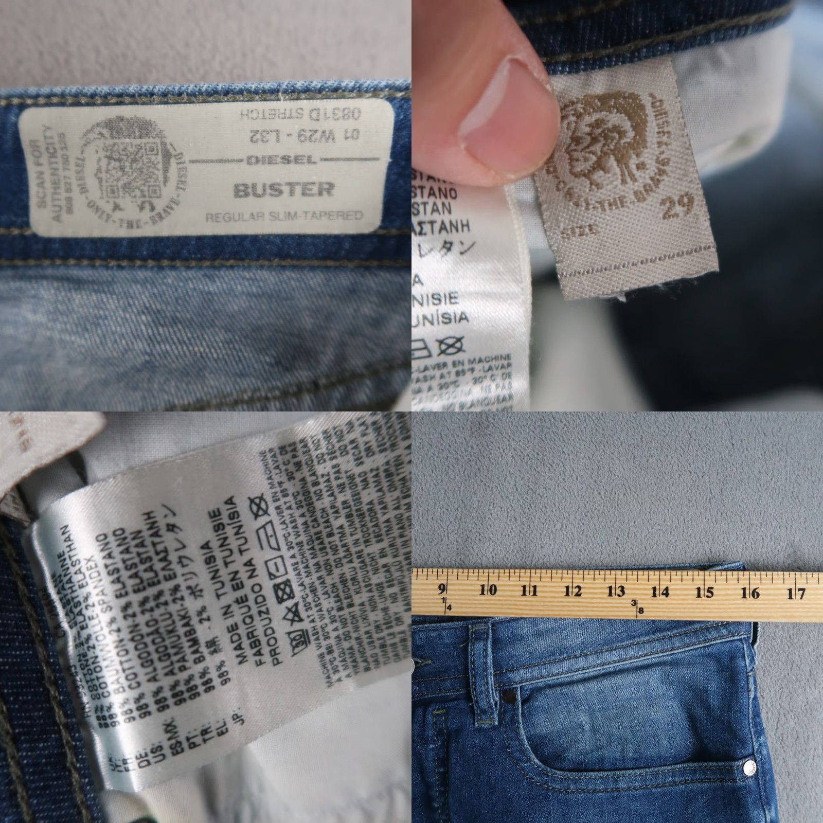 Diesel Diesel Buster Jeans Mens Regular Slim Tapered 29x27.5 Denim Cotton Blend Stretch Blue 5-Pocket Logo Distressed Jeans Mens Size US 29 - 8 Thumbnail