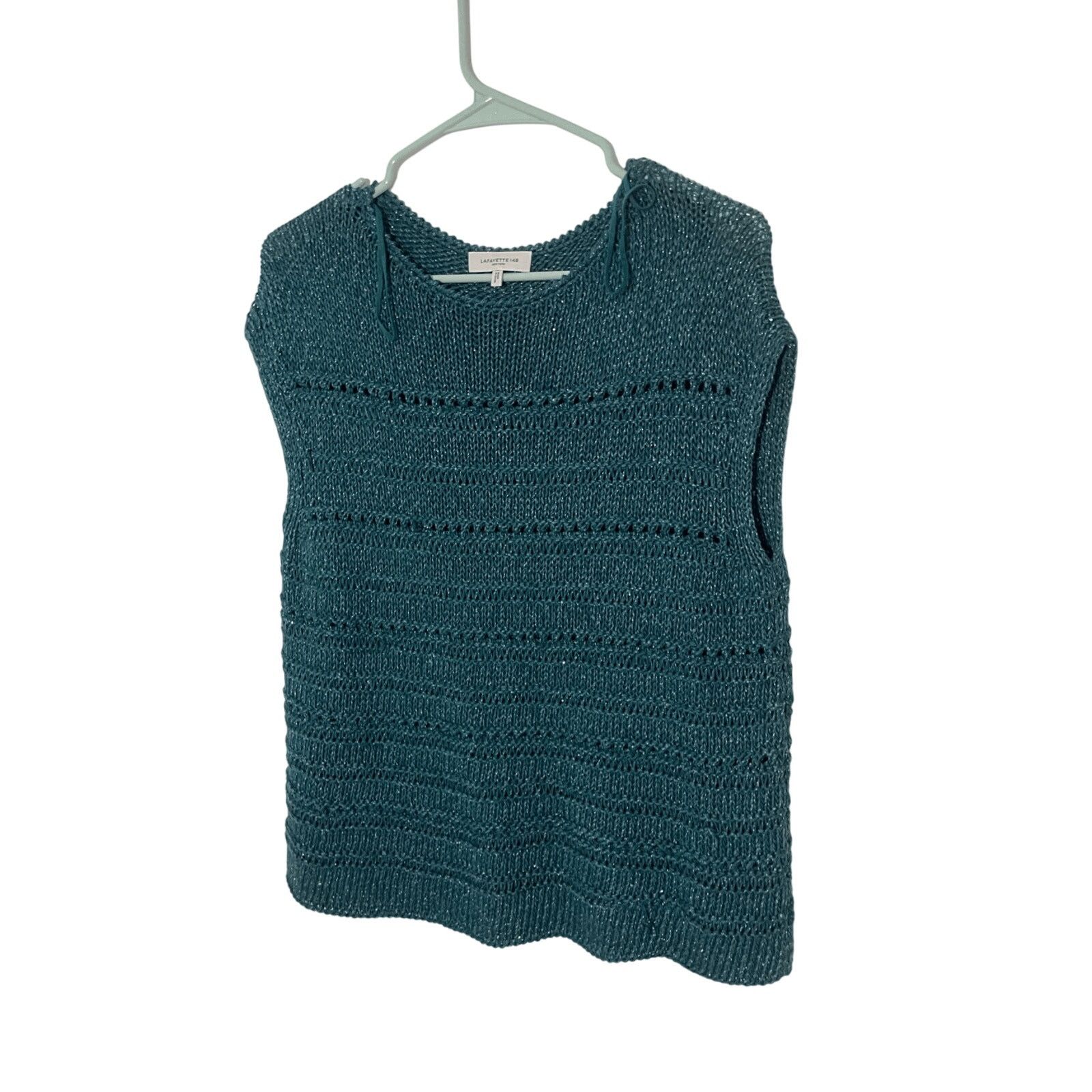 Lafayette 148 Lafayette148 SilkCotton Teal Open Stitch Micro Paillette Top Size XS / US 0-2 / IT 36-38 - 6 Thumbnail