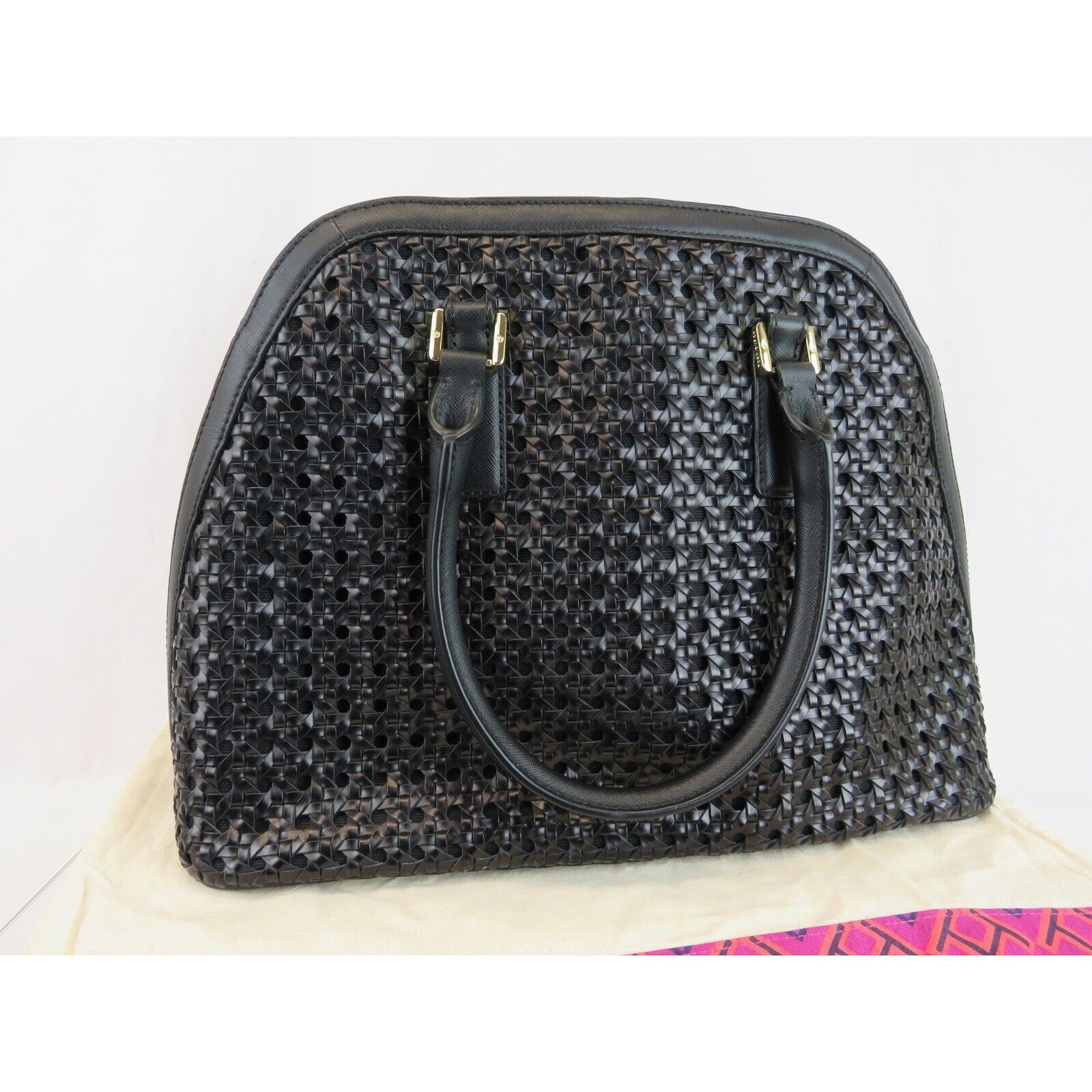 Tory Burch ROBINSON BLACK BASKET WOVEN LEATHER LOGO TOTE HANDBAG Size ONE SIZE - 4 Thumbnail