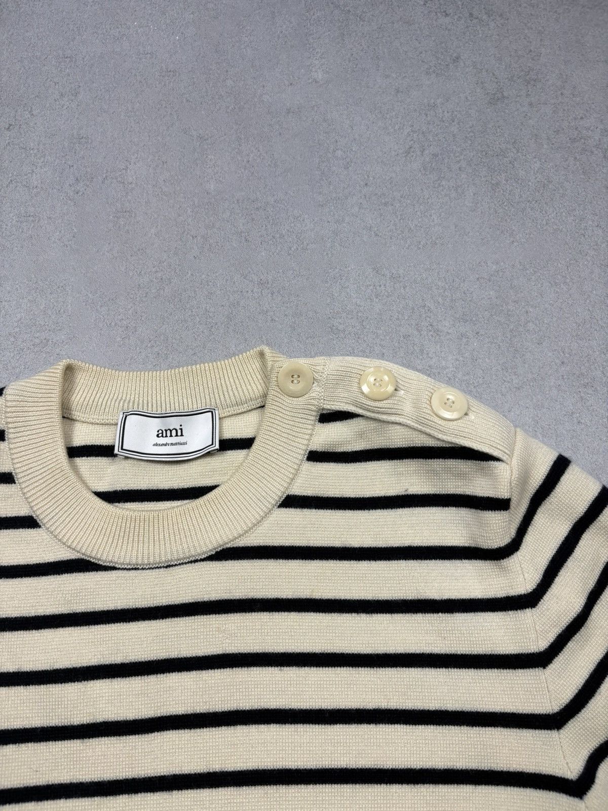 AMI AMI Merino Wool Striped Knit Sweater Button Shoulder Breton Size M / US 6-8 / IT 42-44 - 6 Thumbnail