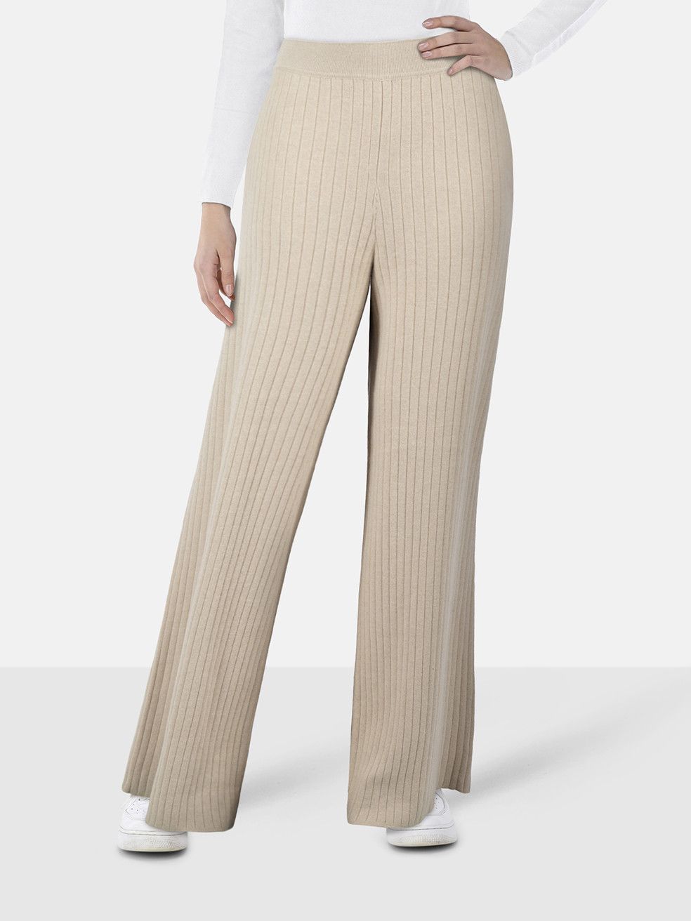 Loro Piana Beige Cashmere Knit Wide Leg Trousers Size 32" / US 10 / IT 46 - 1 Thumbnail