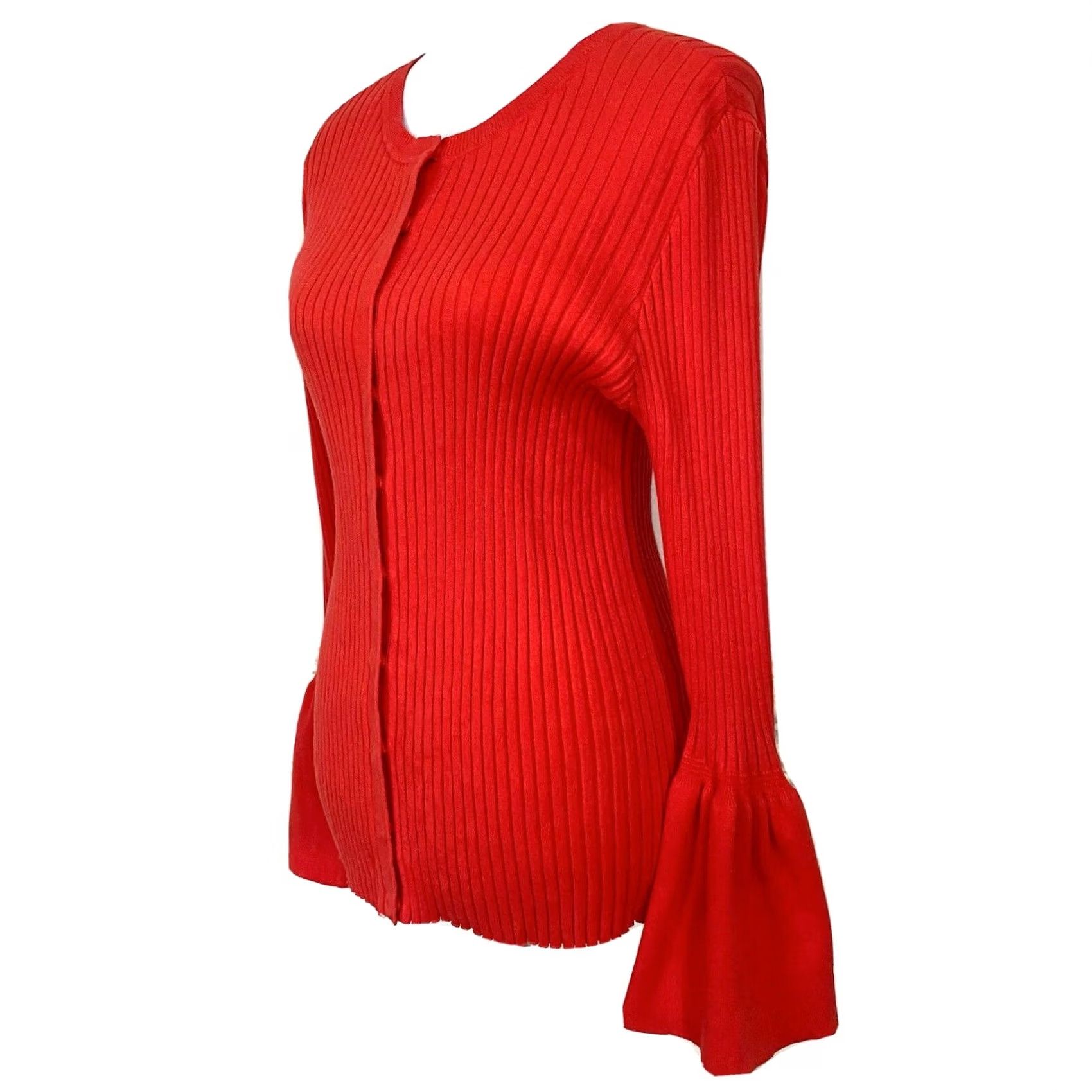 Vintage Cabi Cardigan Sweater Ribbed Bell Long Sleeve Hibiscus Red Coral 5285 S Women Cardigan 70% Cotton 40% Nylon Size S / US 4 / IT 40 - 4 Thumbnail