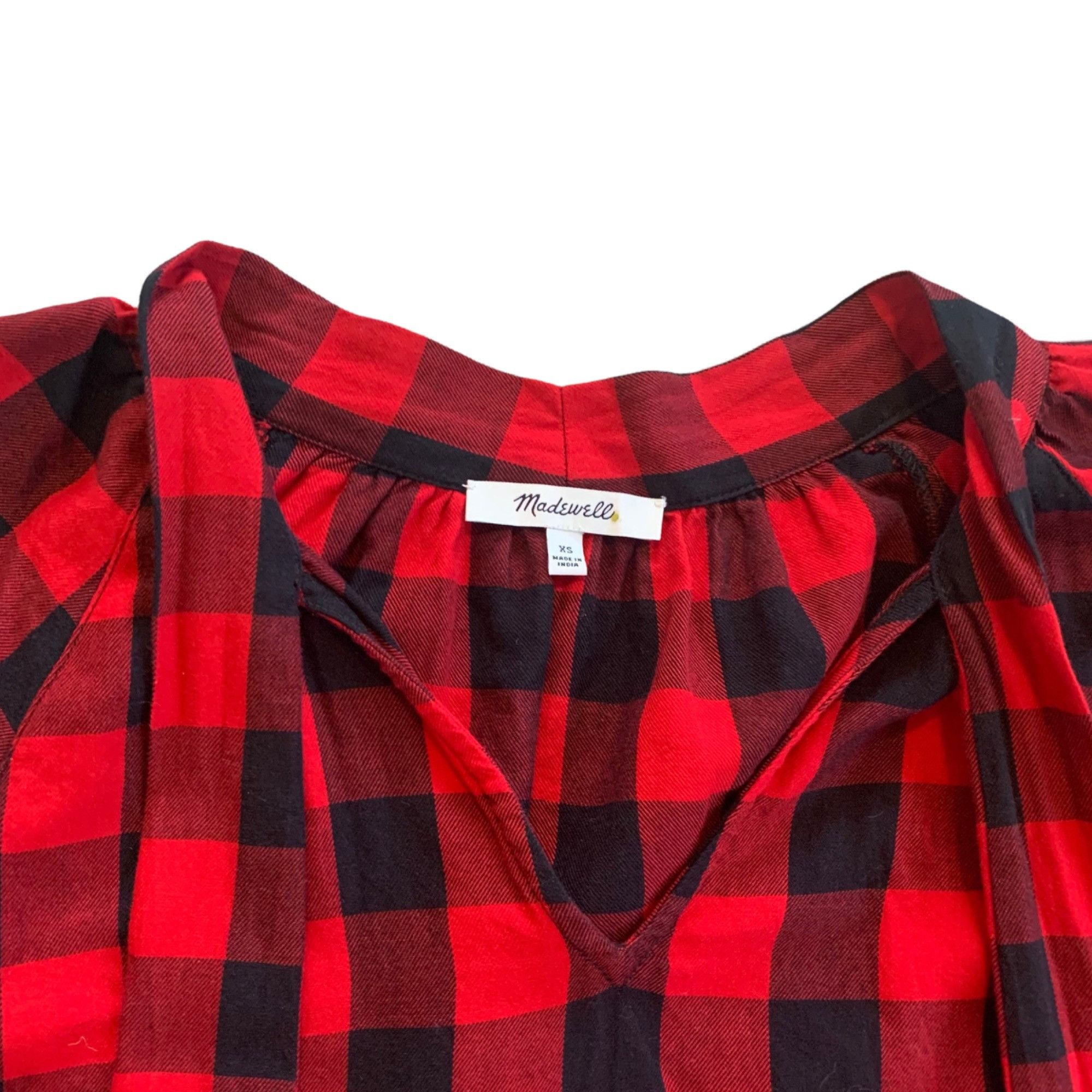Madewell Madewell Buffalo Checked Tie Neck Red & Black Top XS Size XS / US 0-2 / IT 36-38 - 3 Thumbnail