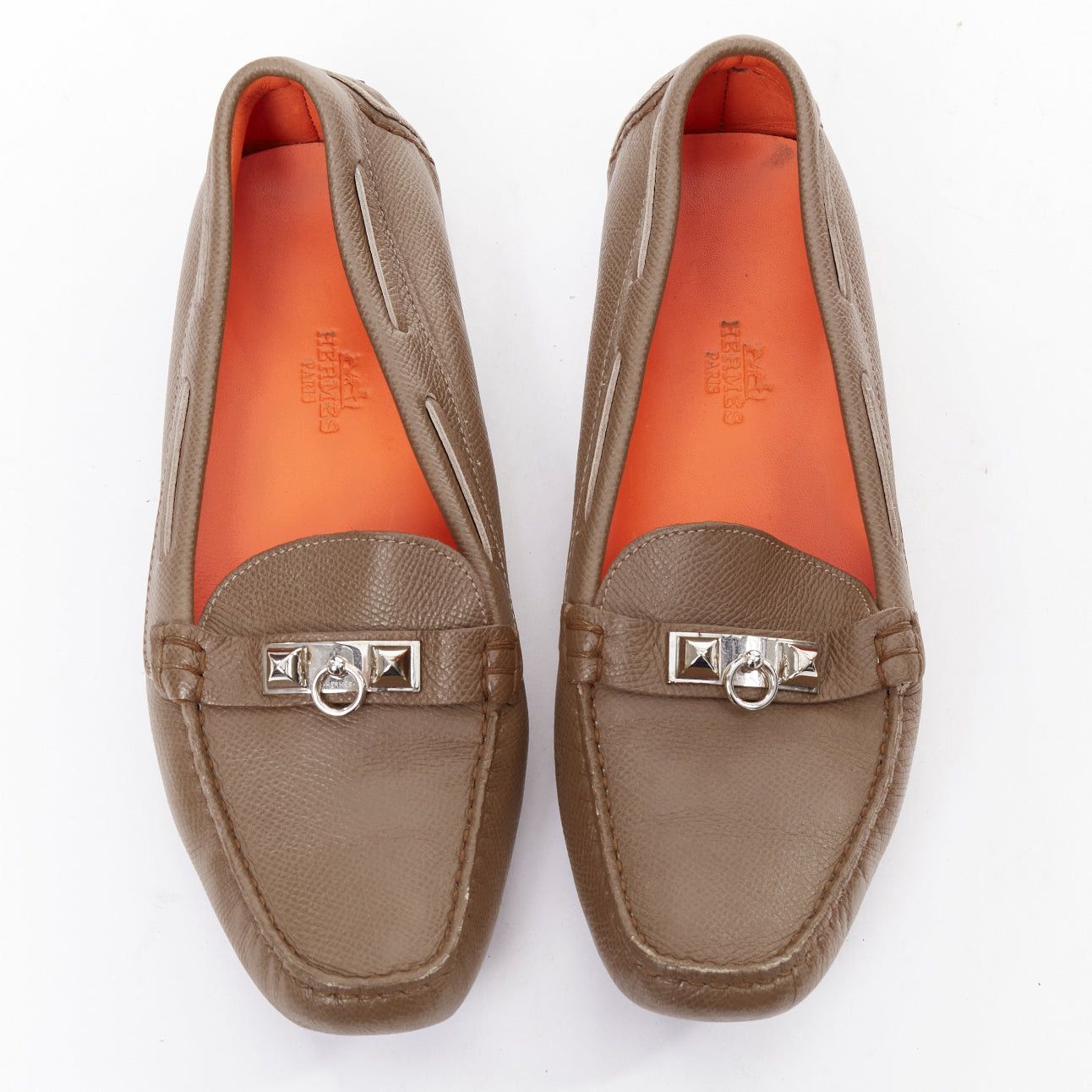 Hermes HERMES Irving stone taupe leather silver stud driving loafers EU35.5 Size US 5.5 / IT 35.5 - 1 Thumbnail