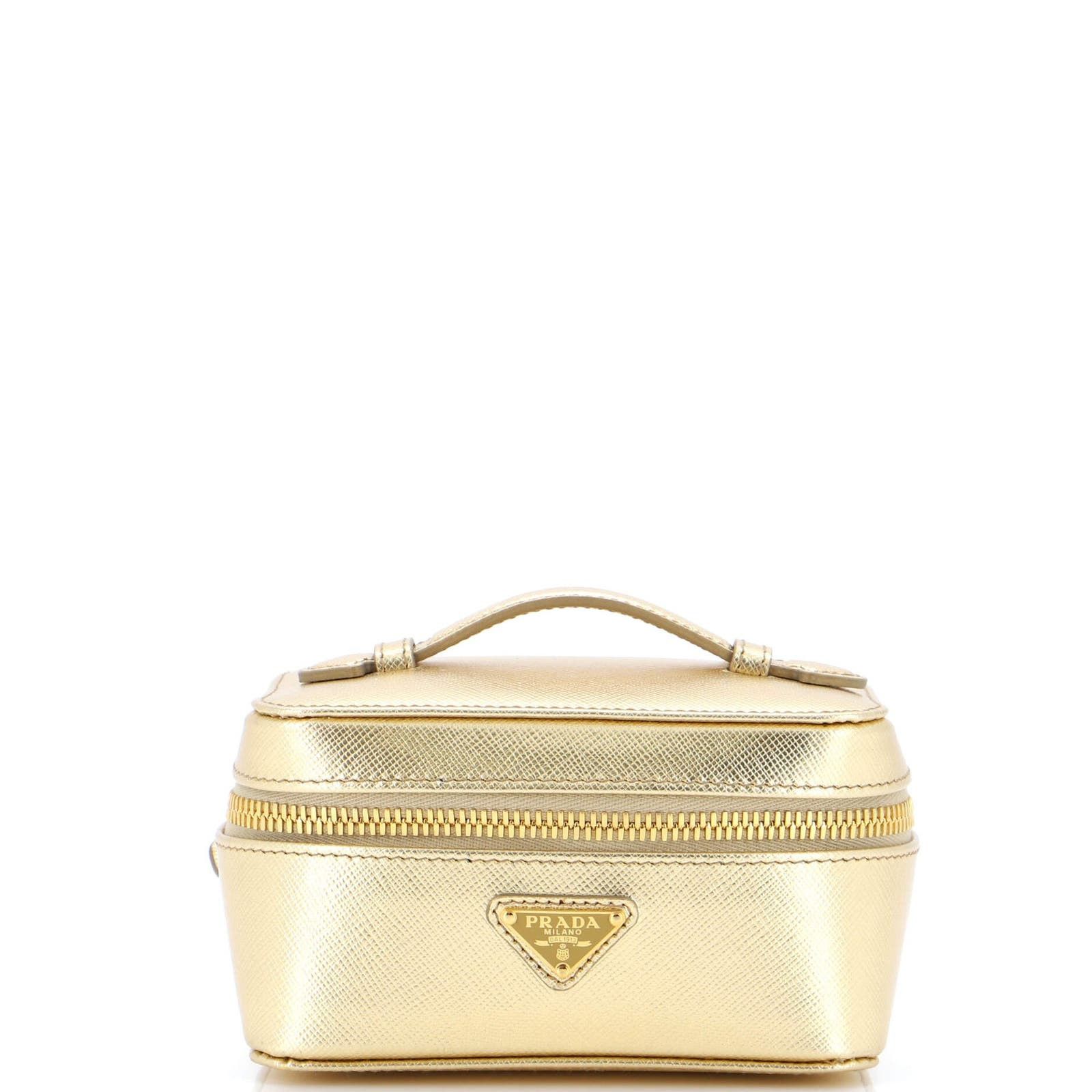 image of Prada Jewelry Case Saffiano Leather Mini in Gold, Women's