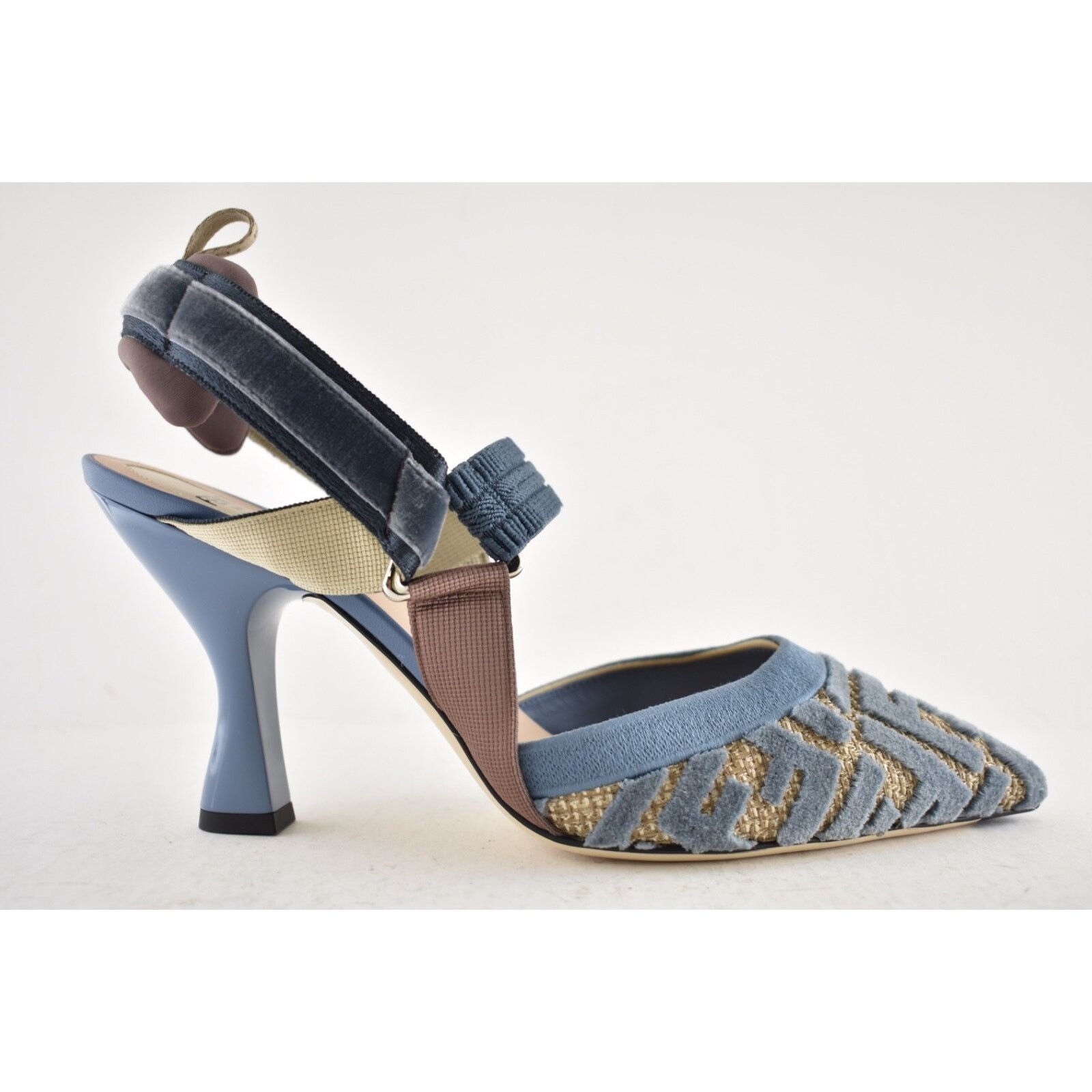Fendi Fendi Colibri Lite 85mm Blue Velvet Beige FF Logo Pump 42 Size US 12 / IT 42 - 2 Thumbnail