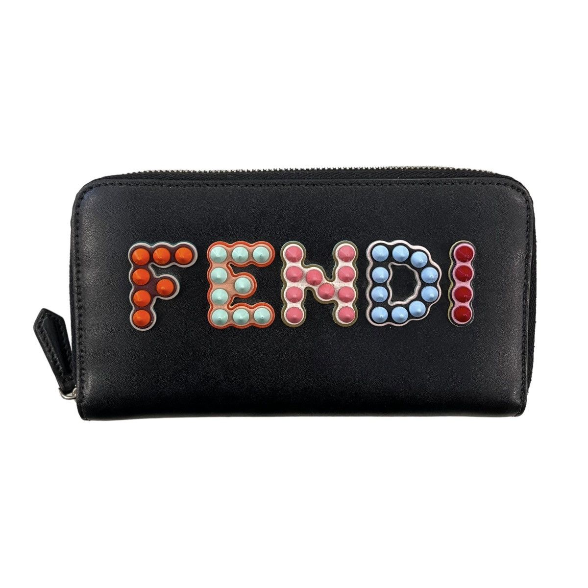 image of Fendi Multicolor Studded Logo Zip Around Wallet in Black, Women's