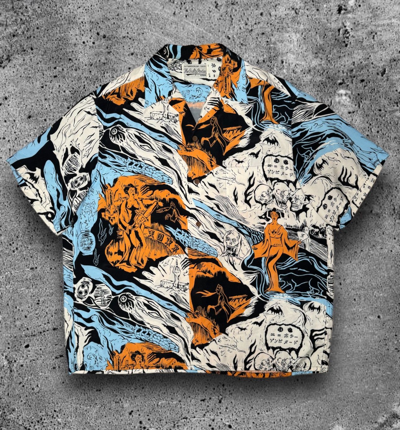 image of Wacko Maria “Ss20 Zombie Hawaiian Shirt” in White Blue Orange, Men's (Size XL)