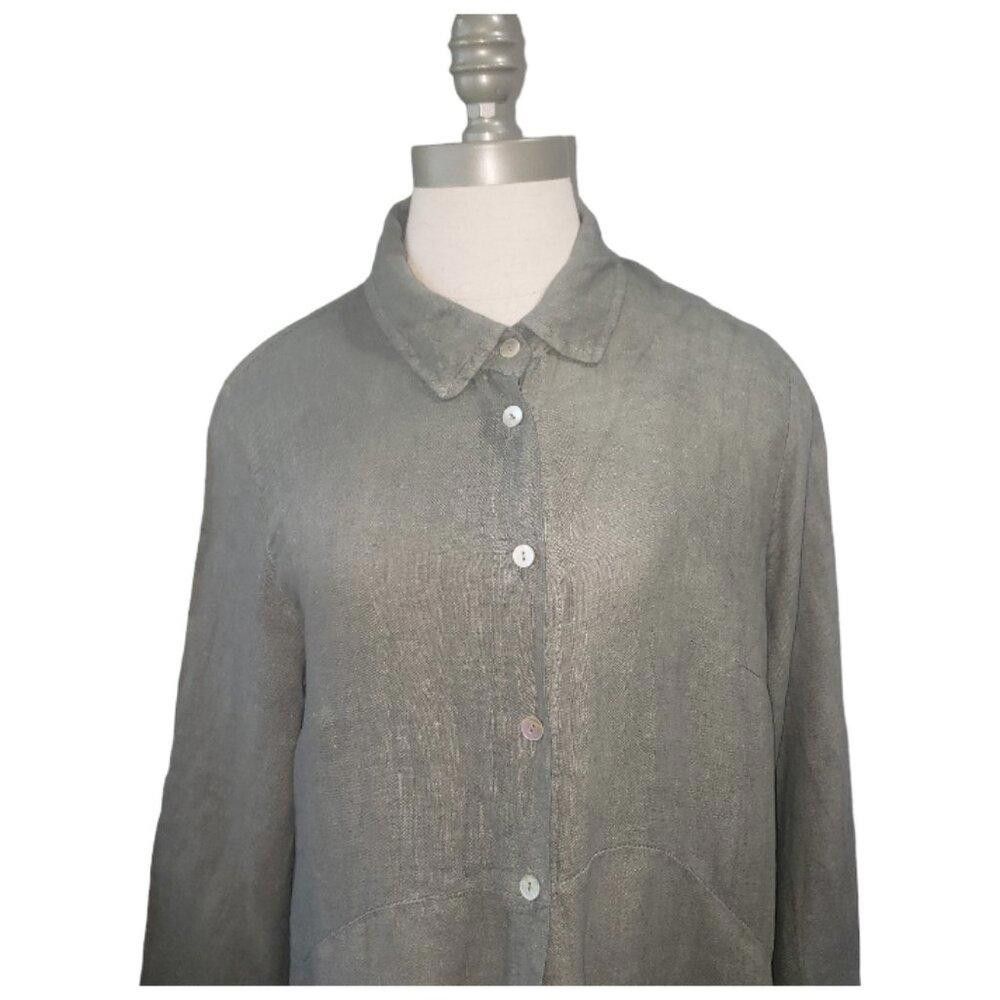 Designer CT1611 Made in Italy Olive Green Linen Long Sleeve Dress M Size M / US 6-8 / IT 42-44 - 3 Thumbnail
