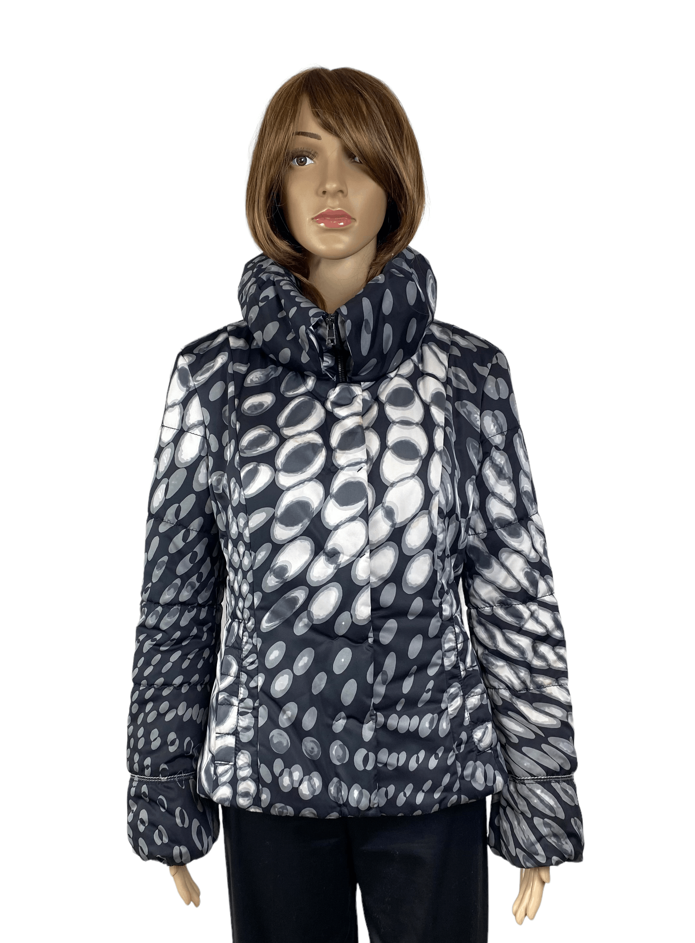 image of Marc Cain Faux Down Printed Jacket Size S in Grey, Women's