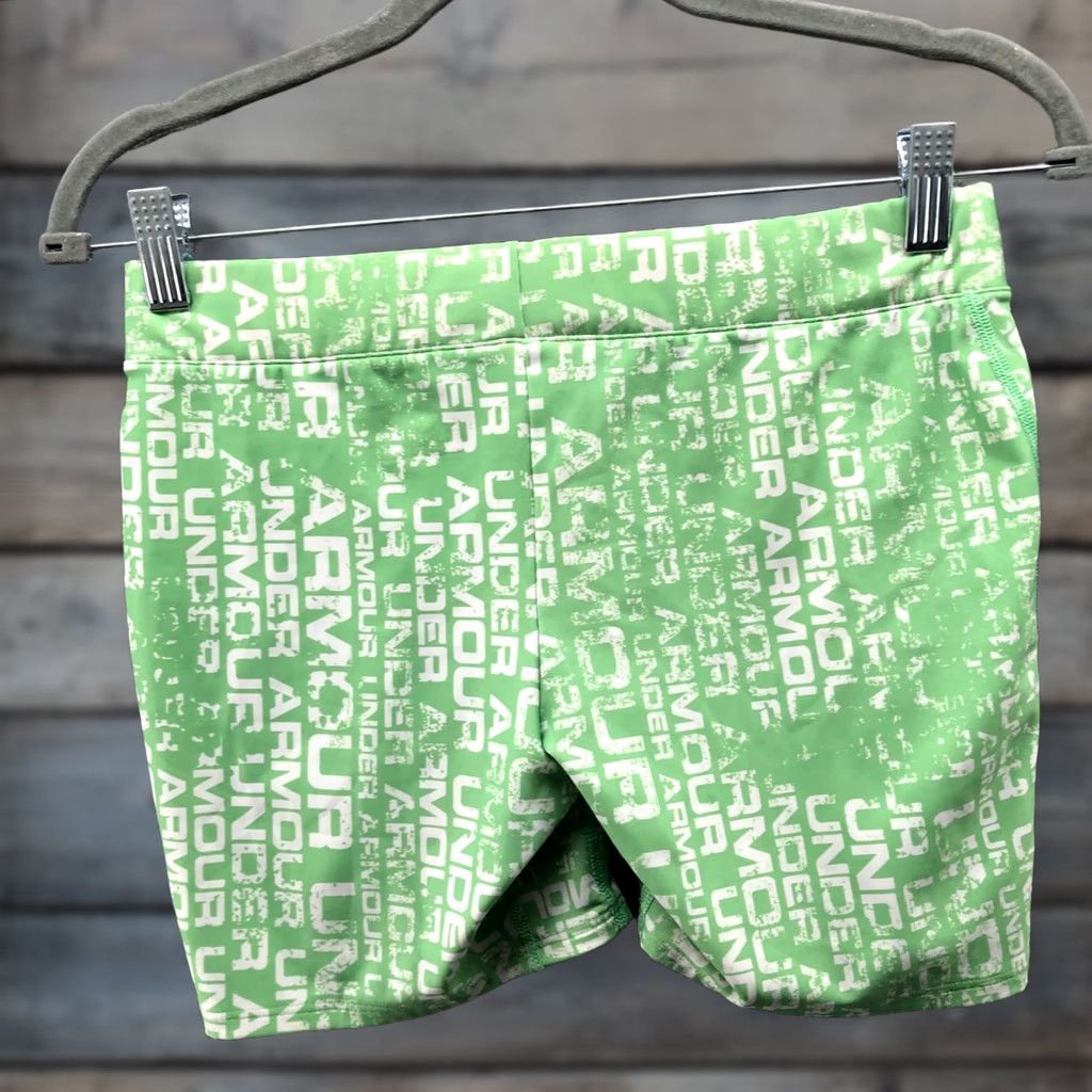 Under Armour Under Armour HeatGear Compression Shorts Womens Large Green Logo Print Active Size 36" / US 14 / IT 50 - 1 Thumbnail