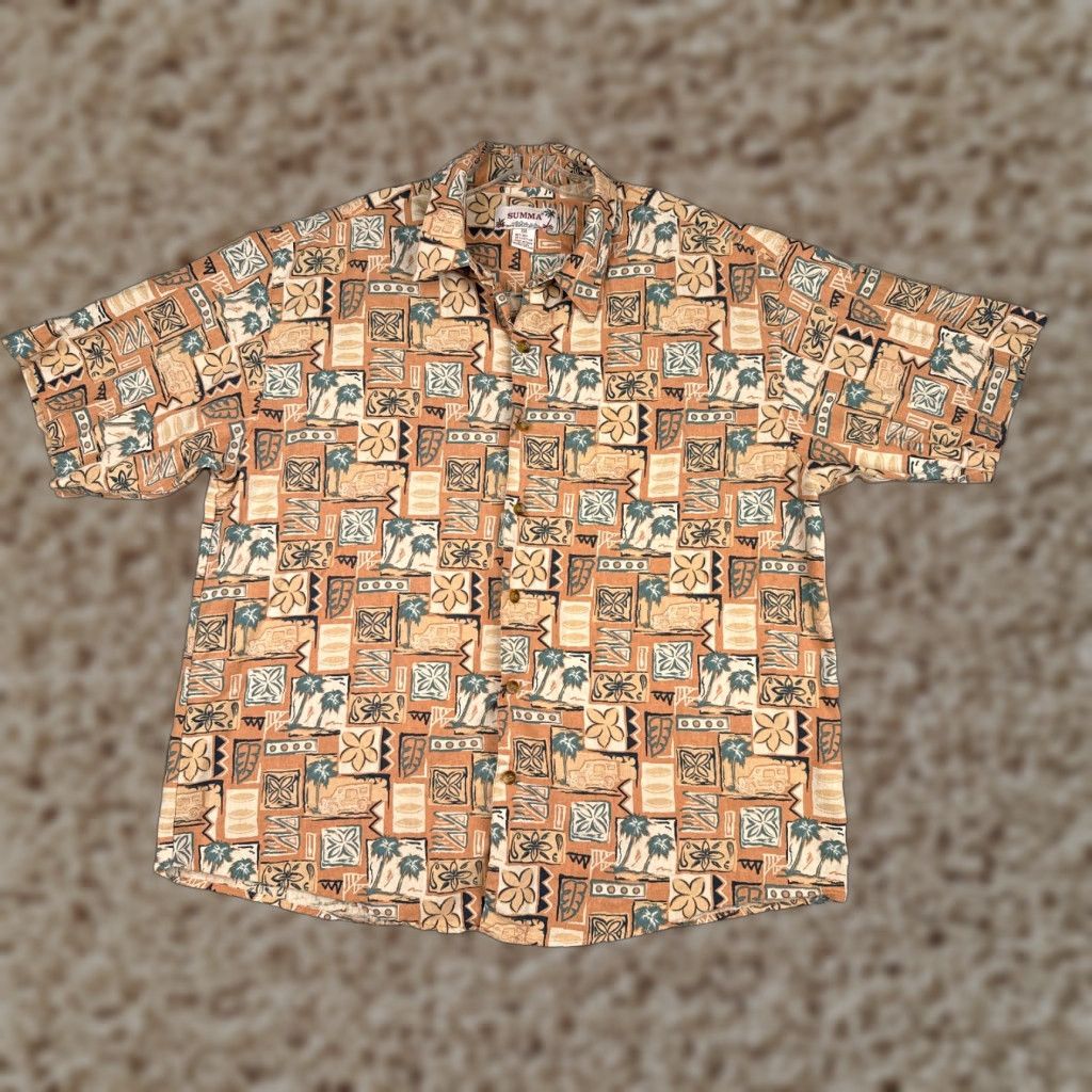 Vintage Summa Shirt Men 2XL Orange Floral Tile Palm Silk Blend Button Up Hawaiian Size US XXL / EU 58 / 5 - 1 Thumbnail