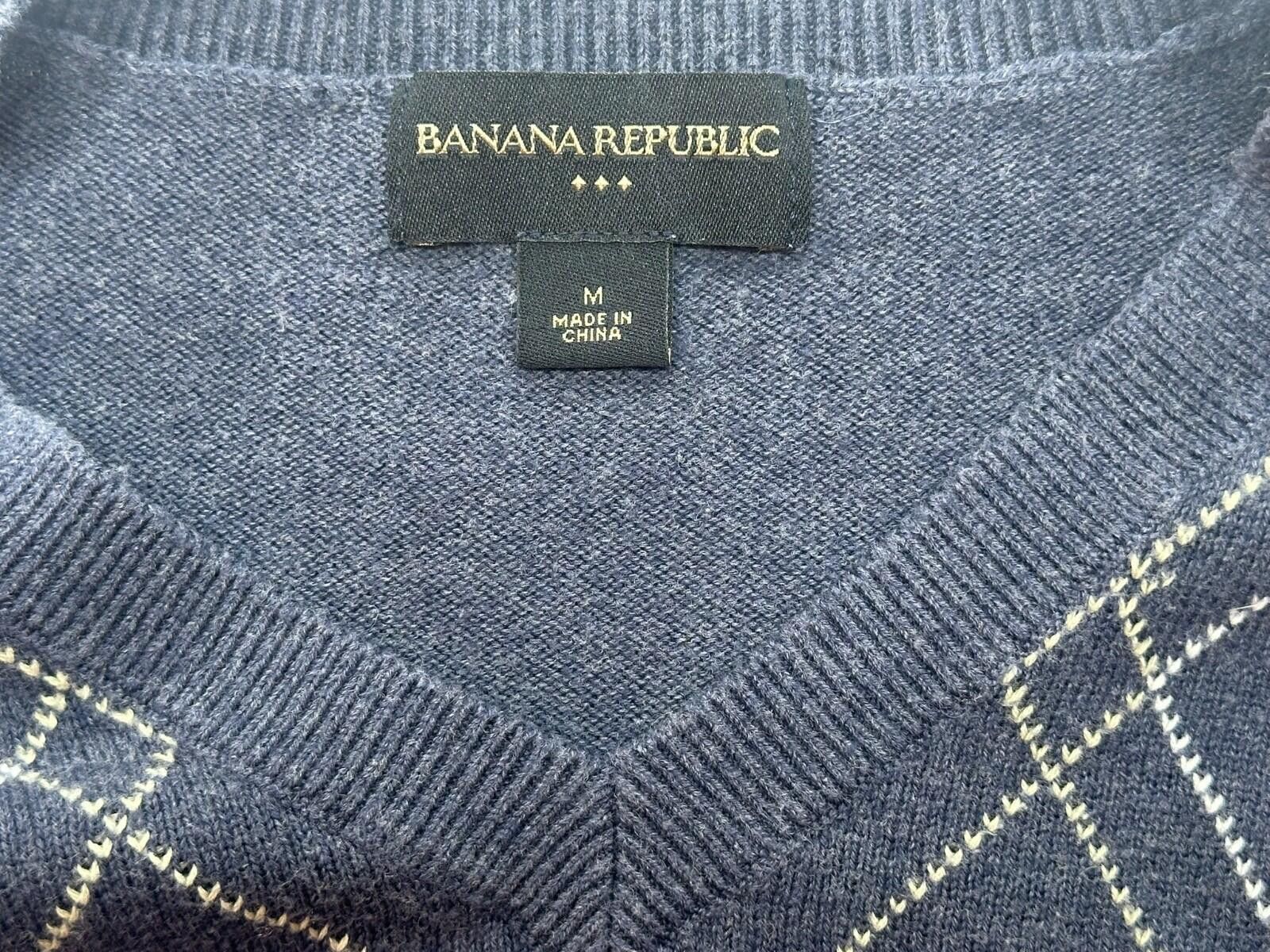 Banana Republic Banana Republic 100% Cotton V-Neck Argyle Sweater Blue Men M Size US M / EU 48-50 / 2 - 6 Thumbnail