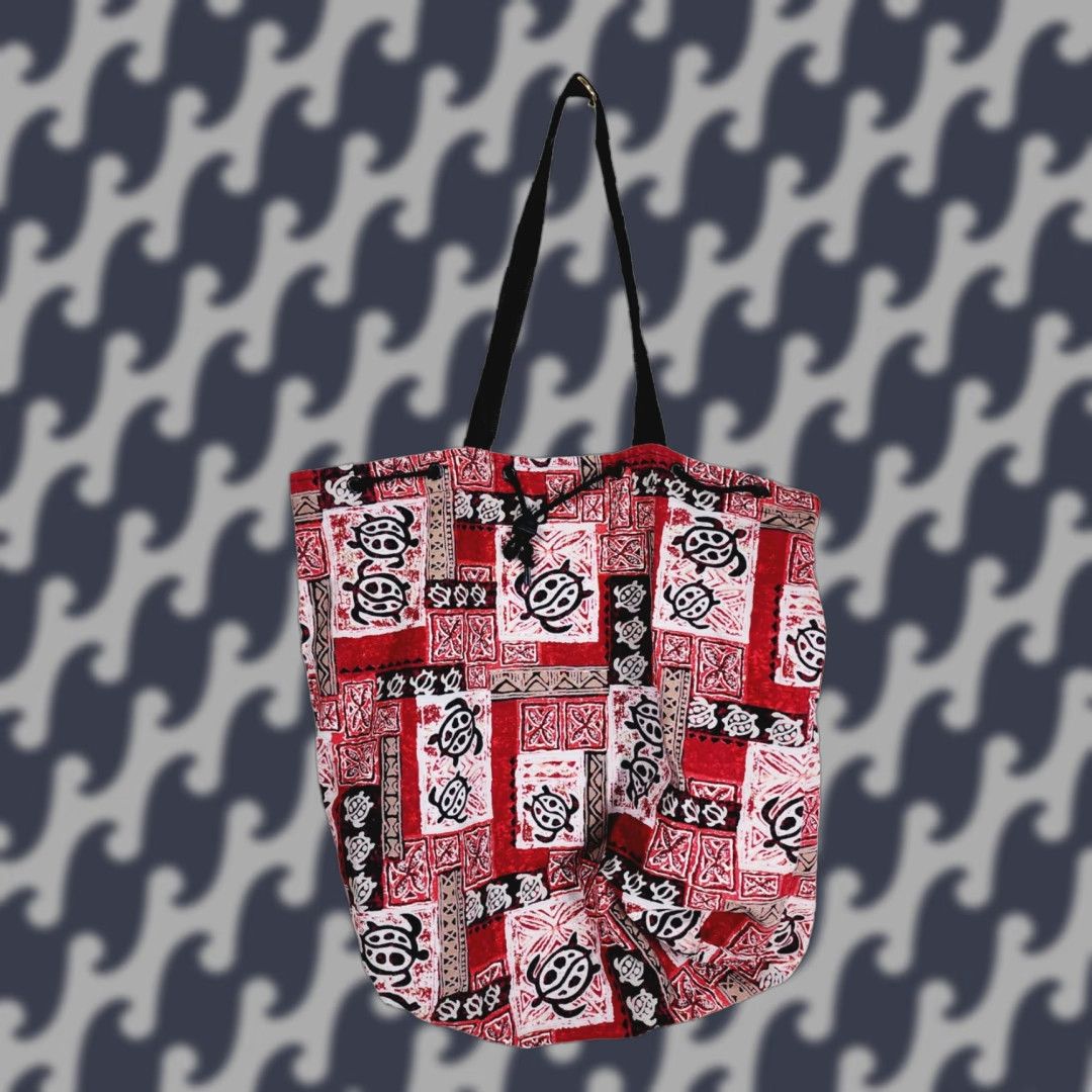 Vintage Aztec Sea Turtle Tote Bag Large Red Canvas Drawstring Double Handle Women