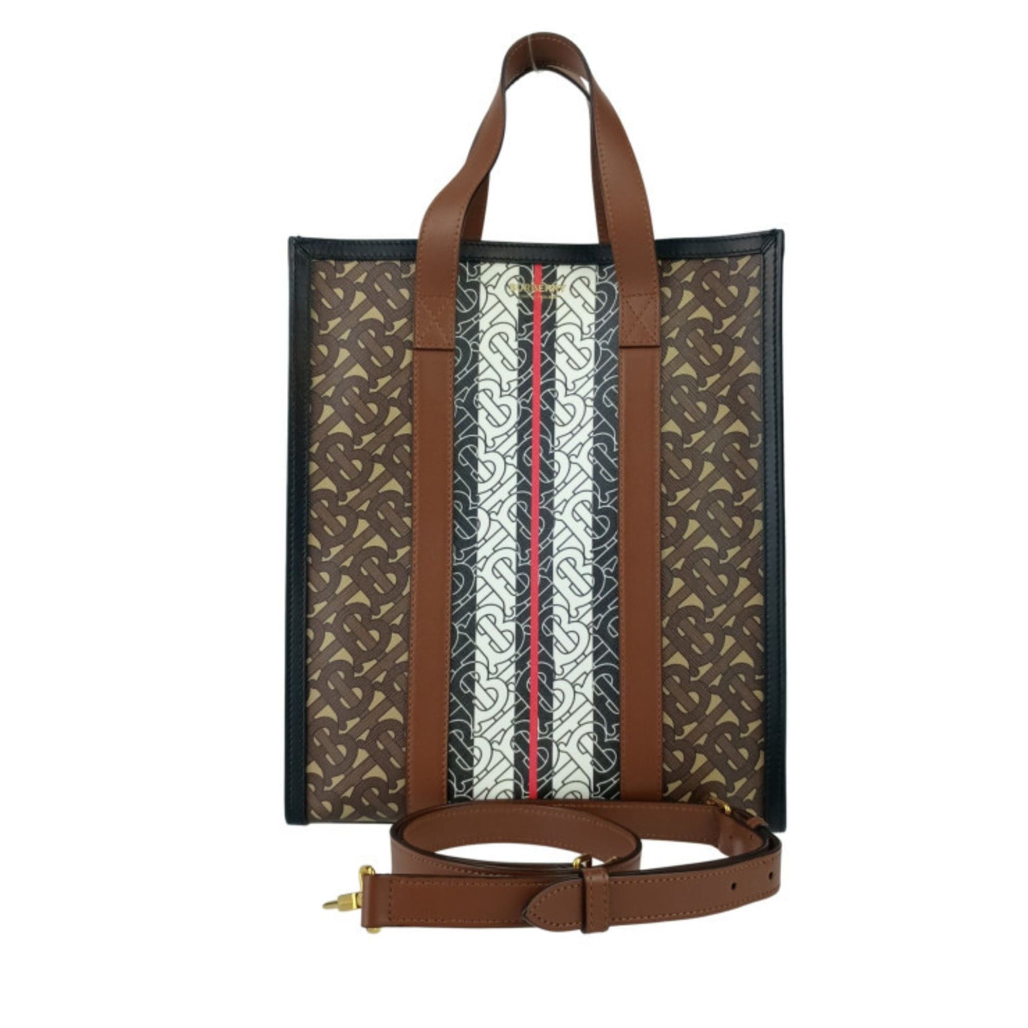 Burberry BURBERRY Small Monogram Stripe E-Canvas Portrait Tote Bag, 8024294, Bridle Brown, for Men and Women Size ONE SIZE - 1 Thumbnail